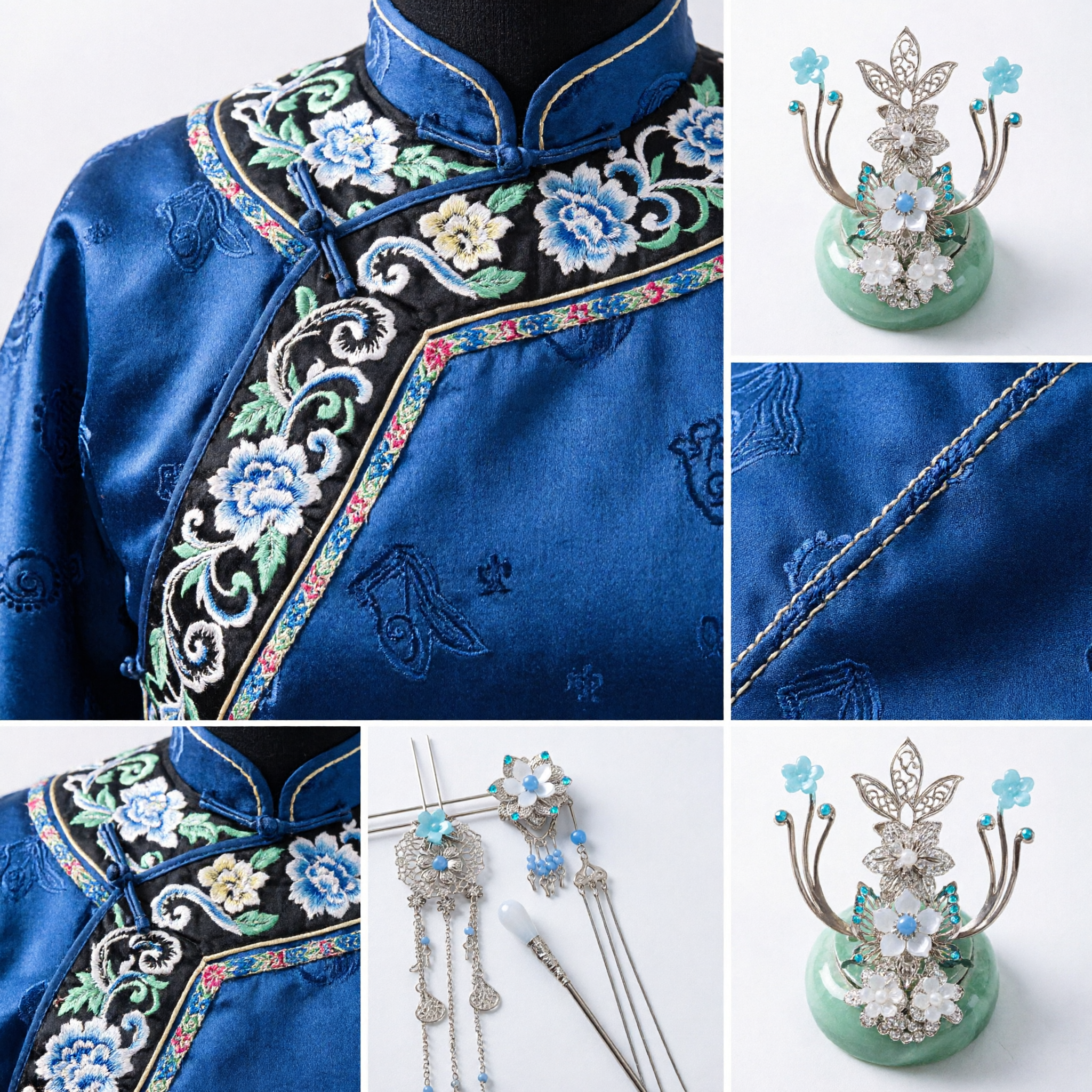 Conjunto de accesorios para el cabello Hanfu tradicional chino Horquillas y peineta plateadas de filigrana con flores azules para cosplay de mujeres - Asian Costume