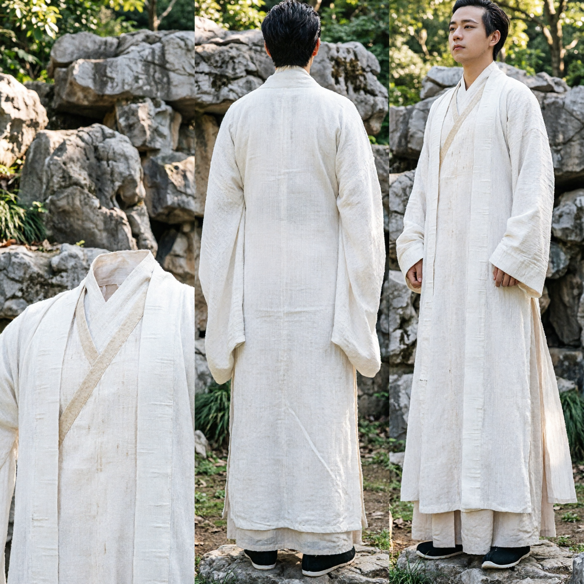 Traje Hanfu chino antiguo para hombres Túnica de lino blanca Ropa tradicional de erudito para cosplay y presentaciones - Asian Costume