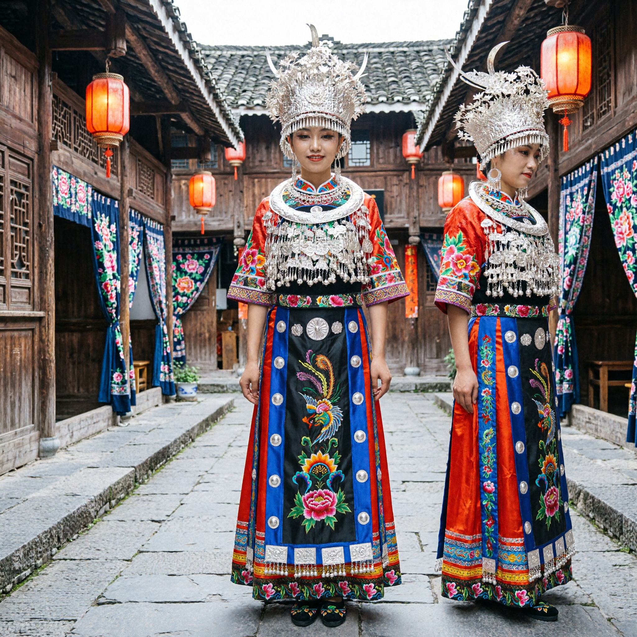 전통 중국 묘족 의상 여성 은색 머리장식 자수 드레스 민속 춤 공연 복장 - Asian Costume