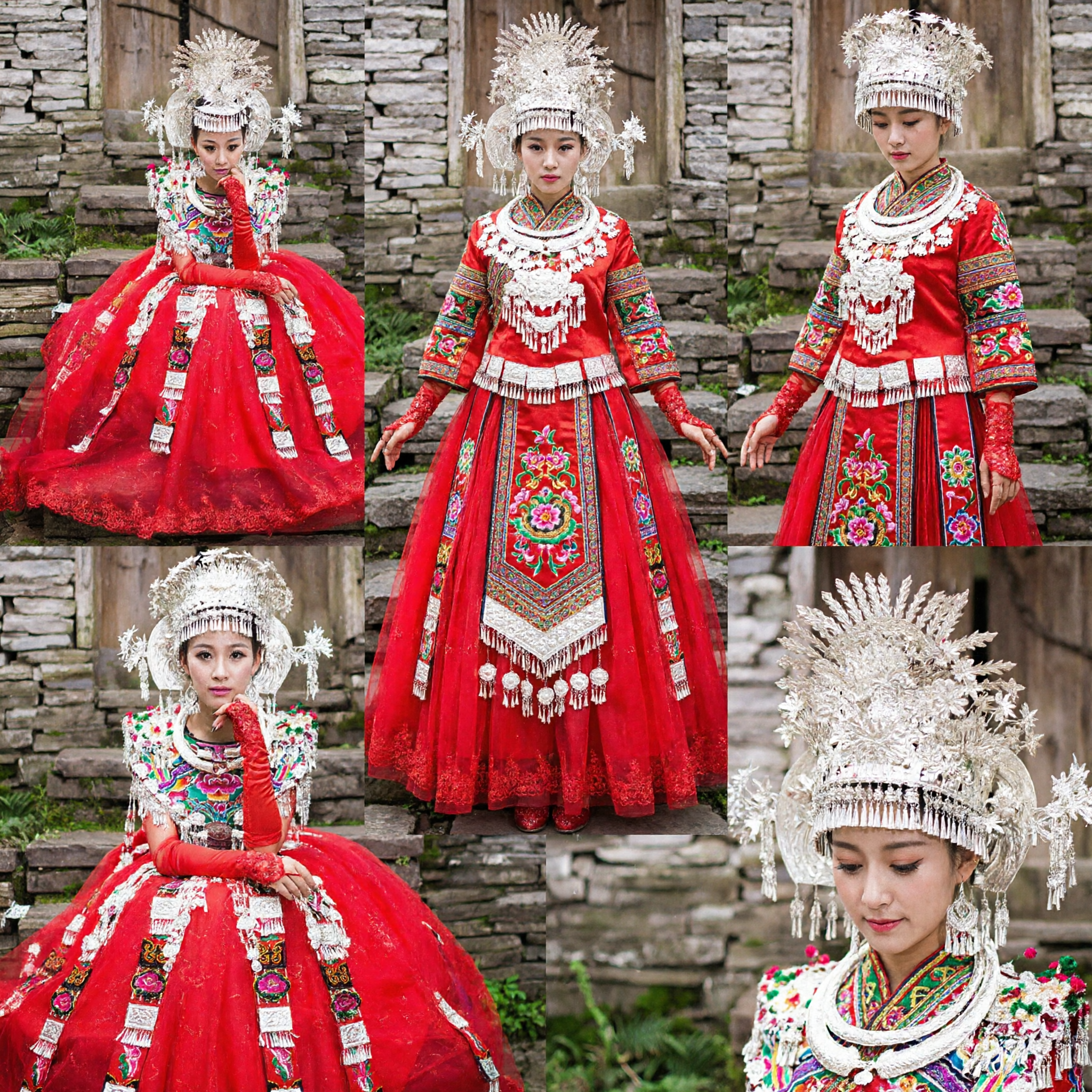 Abito da sposa etnico Miao tradizionale cinese, veste rossa ricamata con copricapo d'argento per spettacoli culturali - Asian Costume