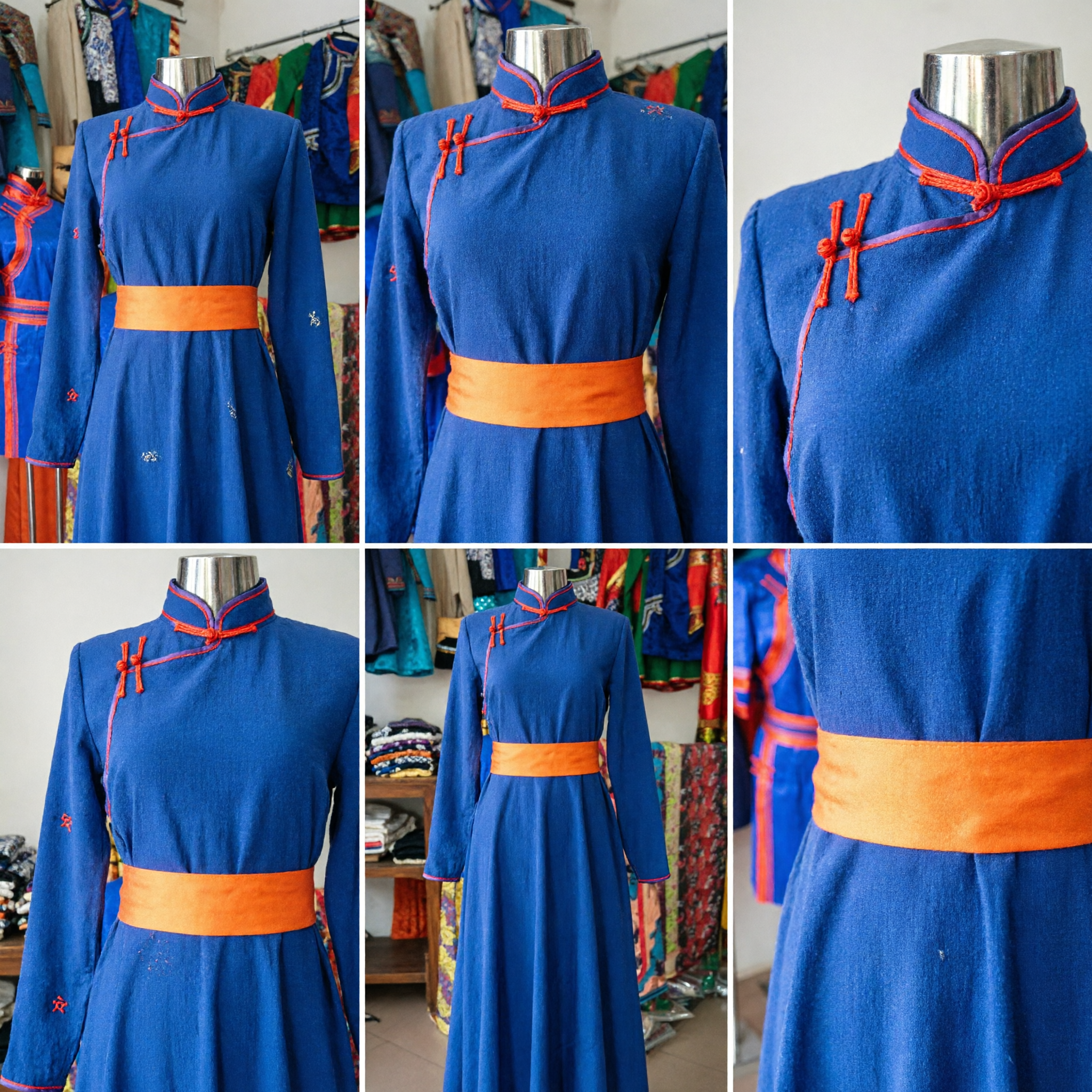 Manto Mongol Tradicional Azul, Vestido Étnico de Manga Longa com Faixa Laranja para Performance de Dança no Palco - Asian Costume