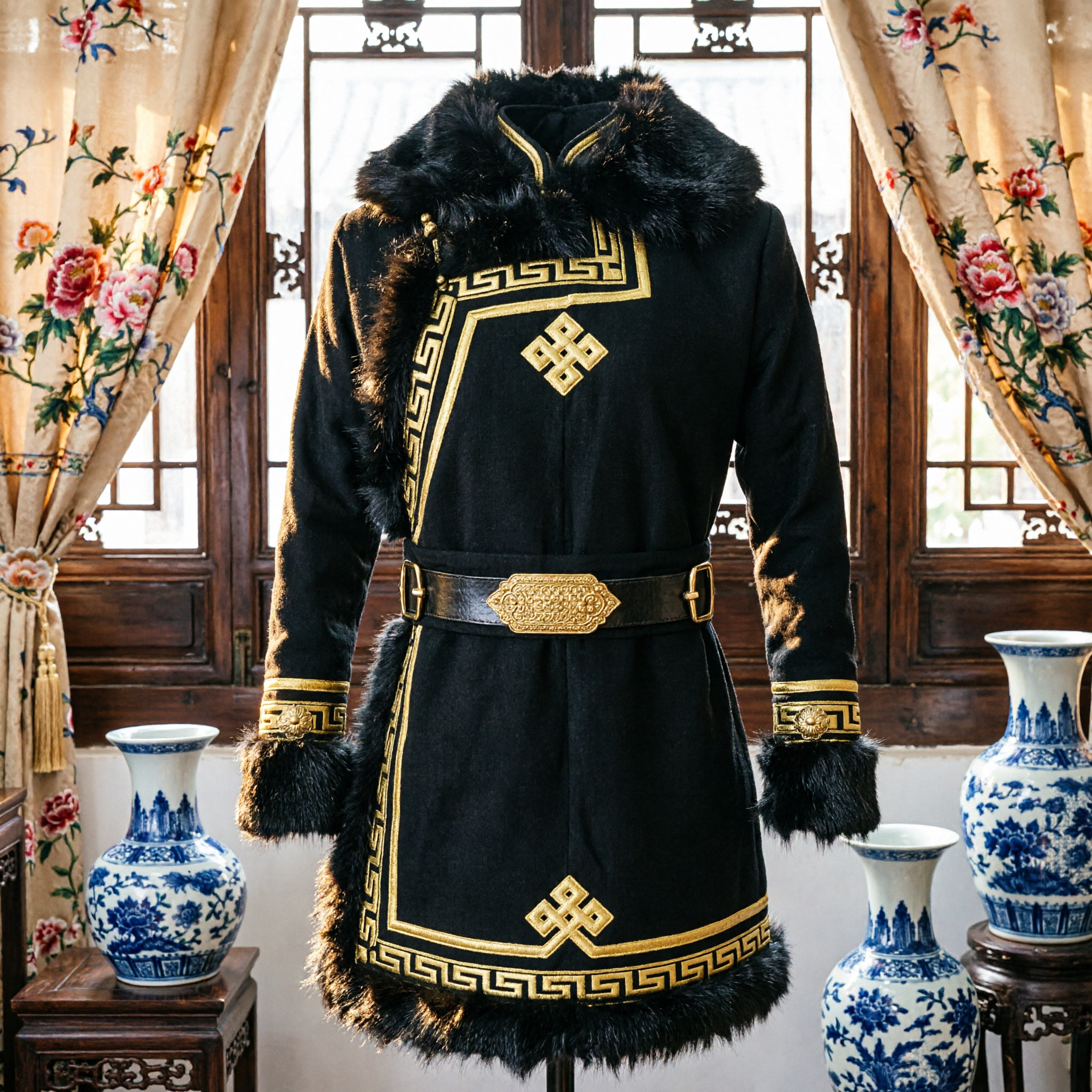 Traditionelles schwarzes mongolisches Gewand-Mantel mit Pelzbesatz und Goldstickerei für Winterhochzeits-Auftritte - Asian Costume