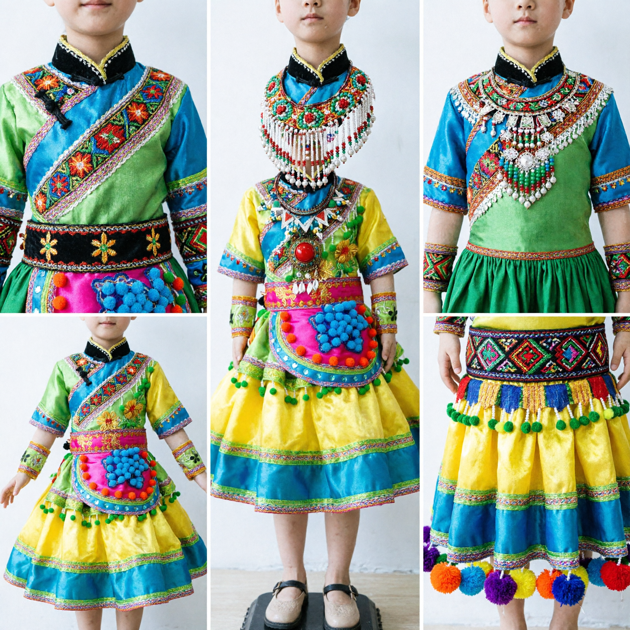 Tradycyjny chiński strój taneczny mniejszości etnicznej Miao dla dziewczynek, kolorowa suknia sceniczna do występów folklorystycznych - Asian Costume