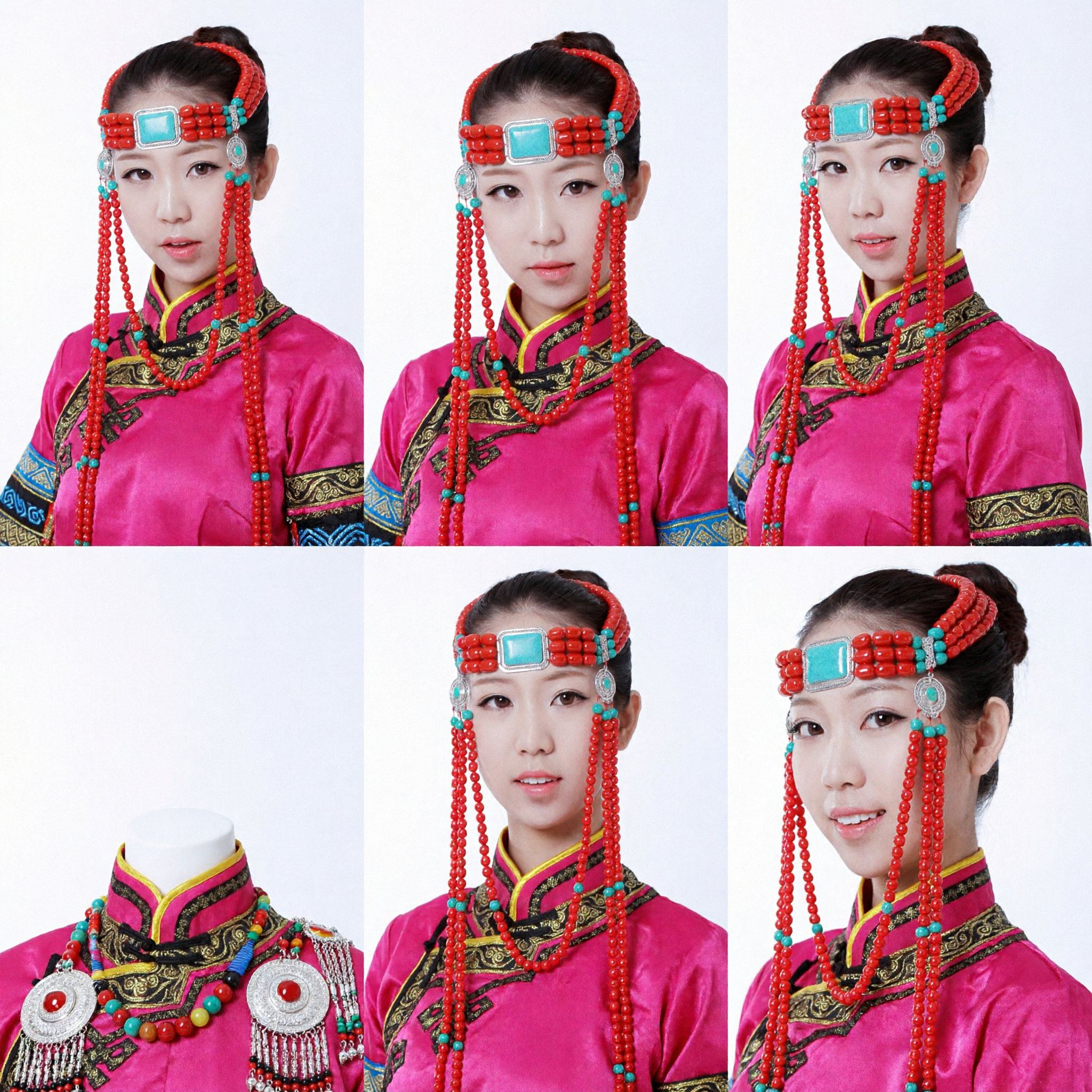 Adorno de Cabeça Tradicional da Etnia Mongol Chinesa de Contas de Coral Vermelho e Pedra Turquesa para Performance de Dança Feminina - Asian Costume