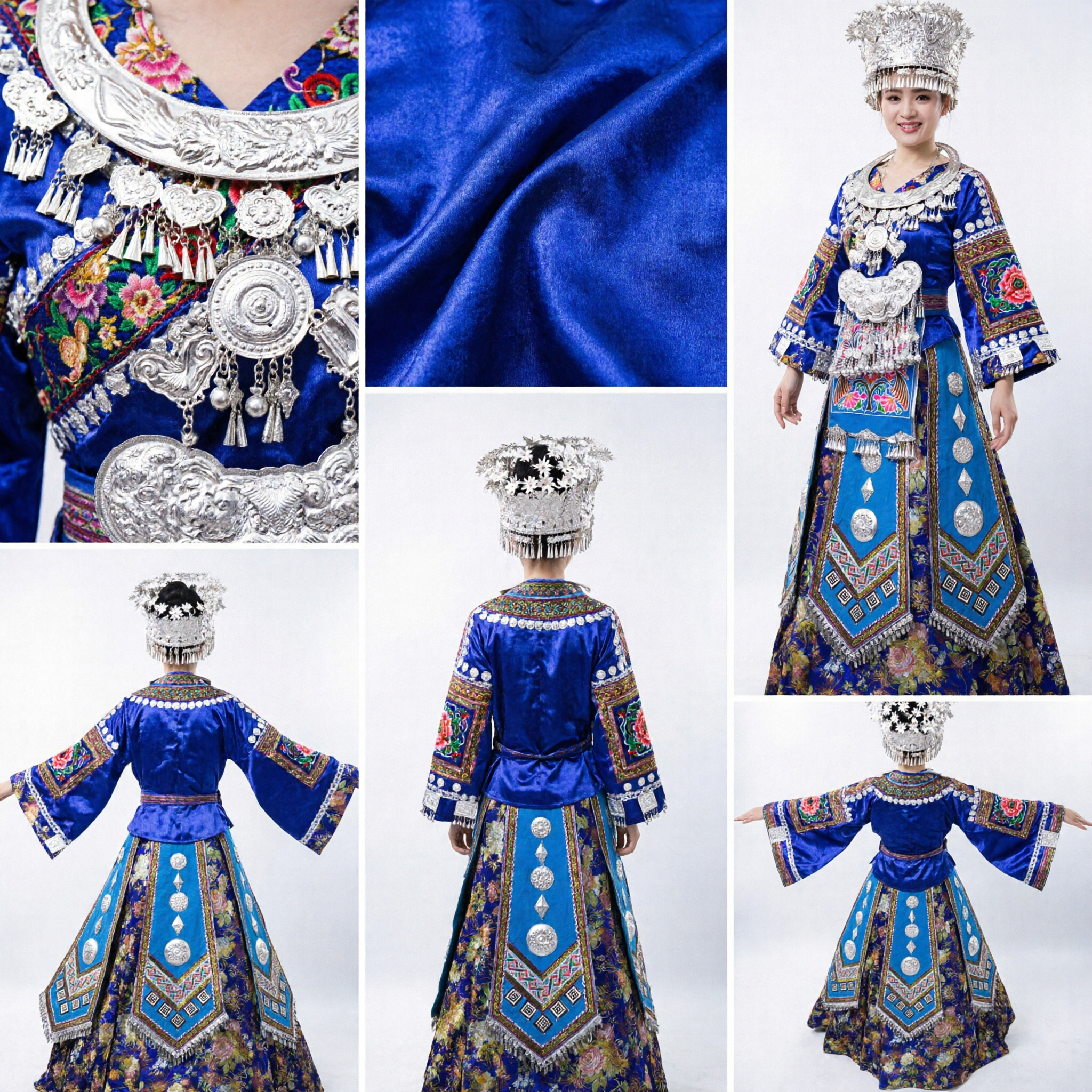 Traje da Etnia Miao Chinesa Azul Real com Joias de Prata para Performance de Dança Folclórica no Palco - Asian Costume
