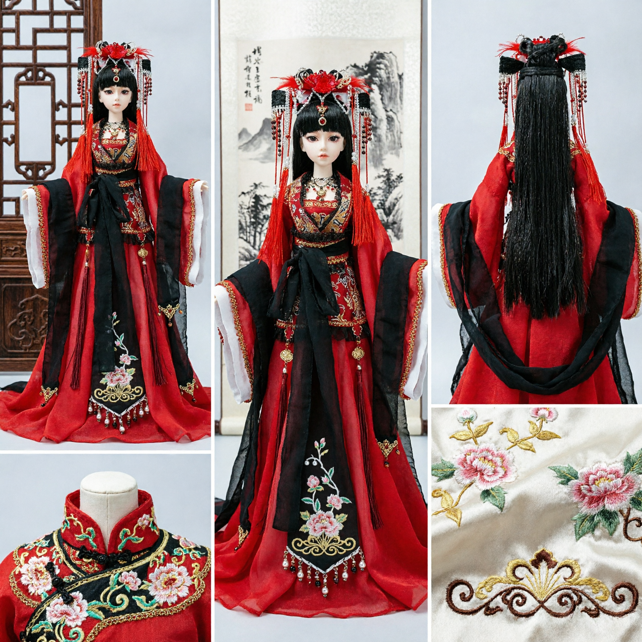 Conjunto Completo Tradicional de Traje Antiguo Hanfu Rojo y Negro para Muñeca BJD de 60cm, Estilo Emperatriz Imperial - Asian Costume