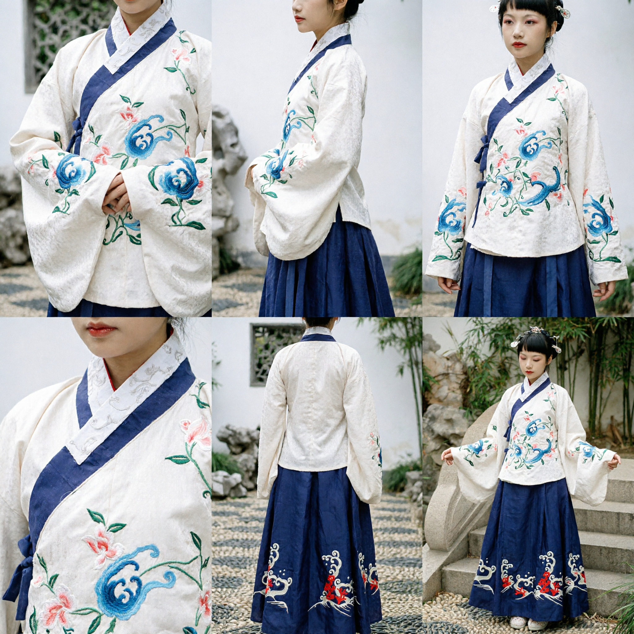 Conjunto Tradicional Chino Hanfu al Estilo de la Dinastía Ming de Blusa Blanca Bordada y Falda Azul Oscuro para Mujeres - Asian Costume