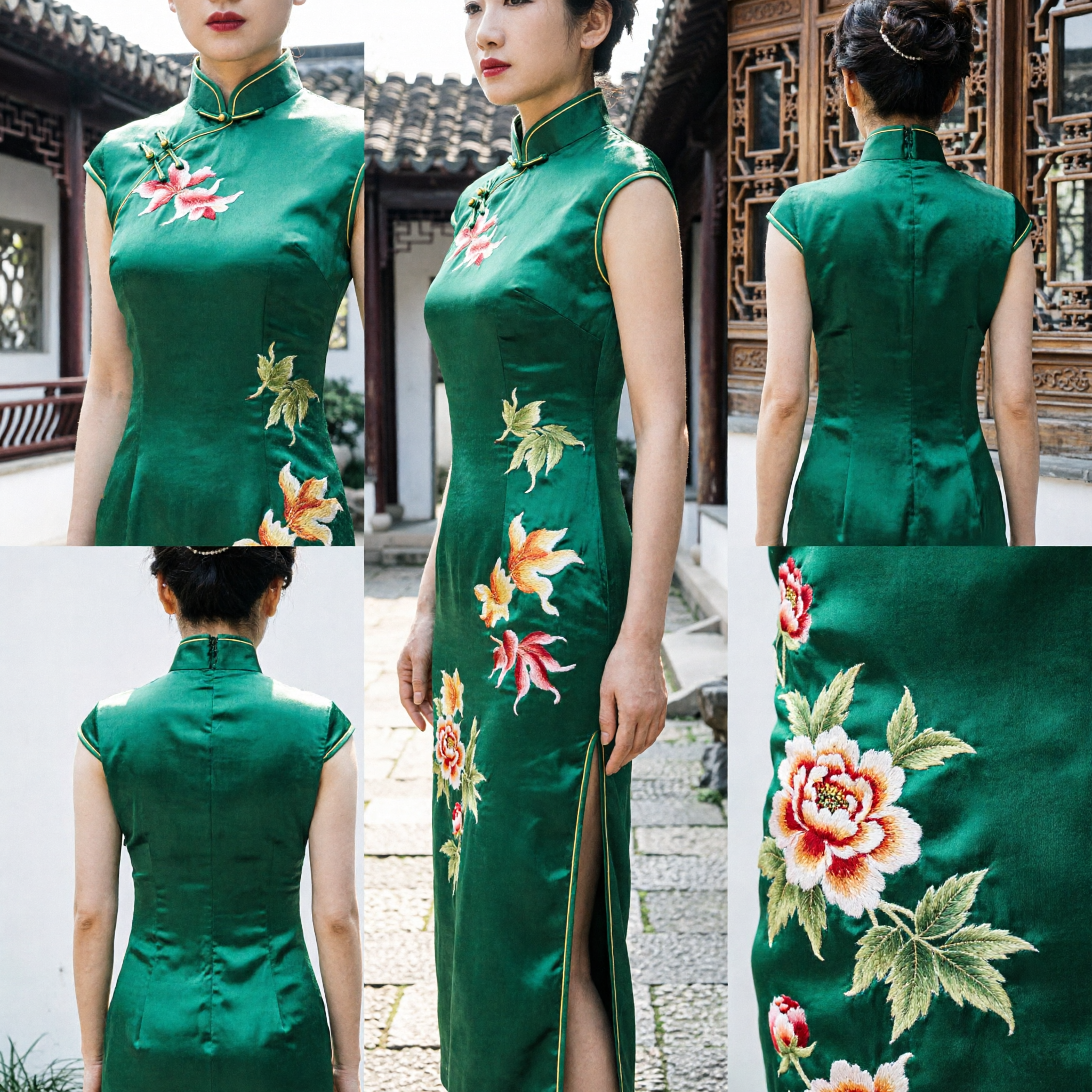 Robe Cheongsam en soie verte pour femmes, Qipao traditionnel chinois avec broderie florale, sans manches, robe de soirée formelle - Asian Costume