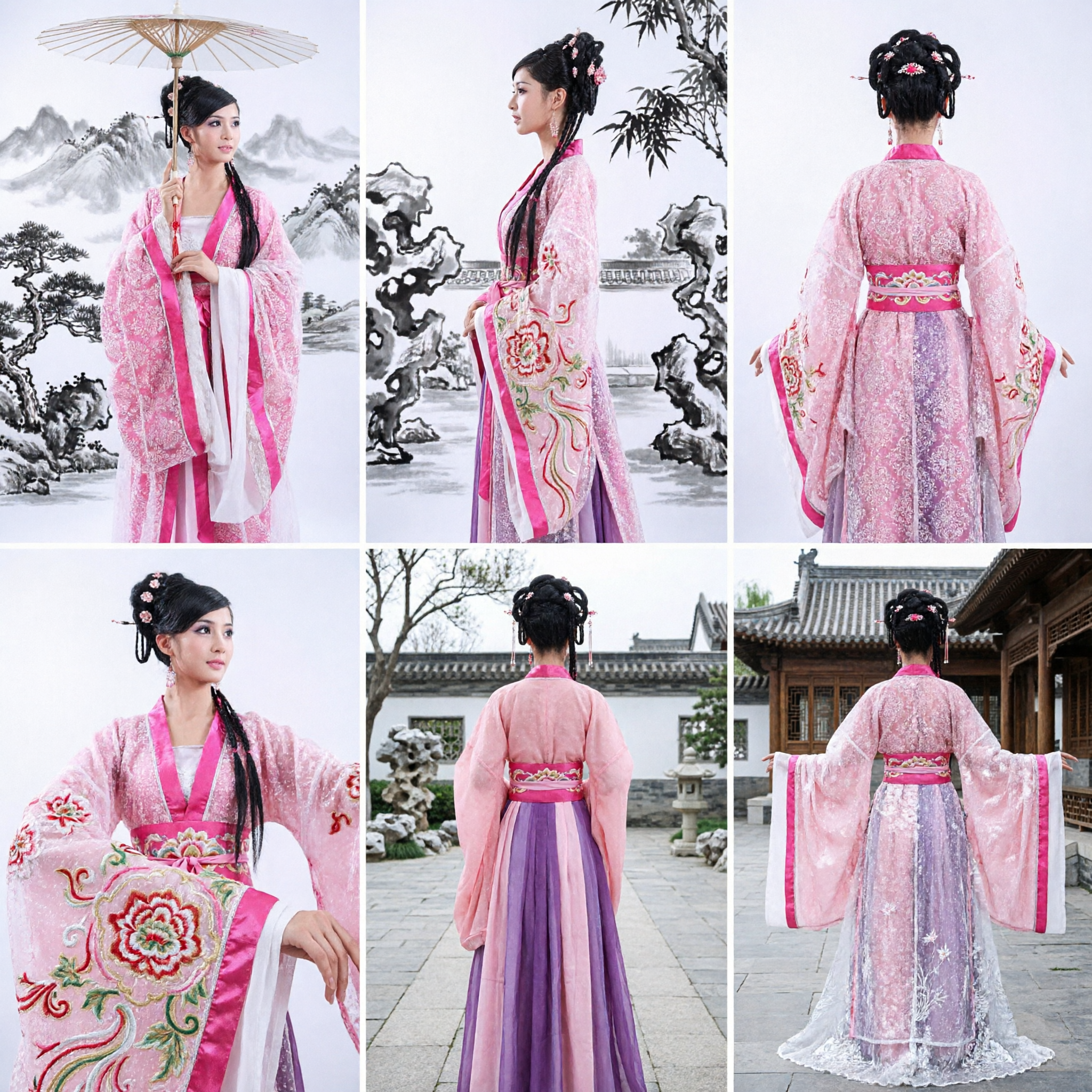 고대 중국 분홍색 한푸 의상 전통 궁녀 드레스 여성 역사 코스프레 공연용 - Asian Costume