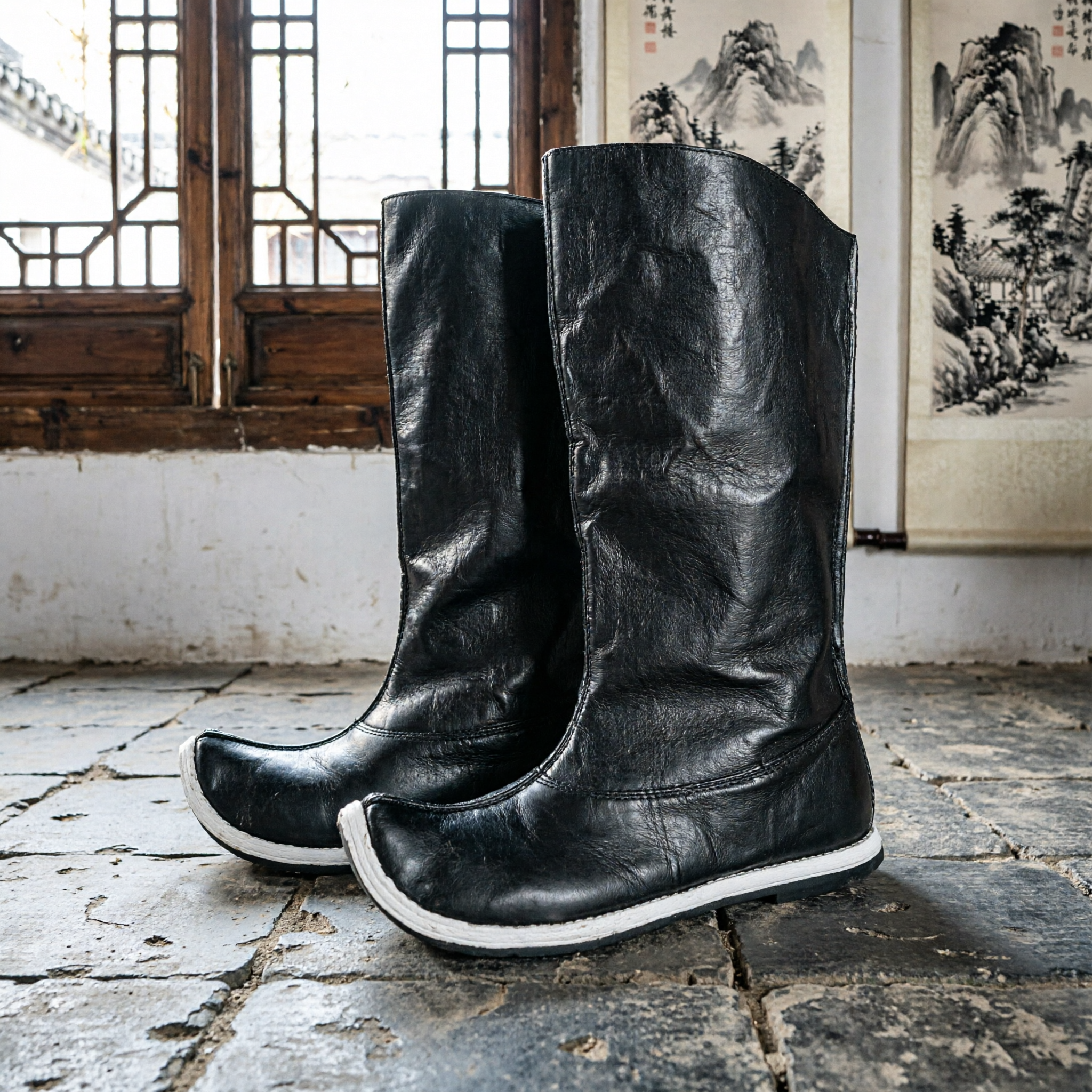 Bottes traditionnelles chinoises mongoles en cuir noir, chaussures anciennes de guerrier Kung Fu pour hommes - Asian Costume