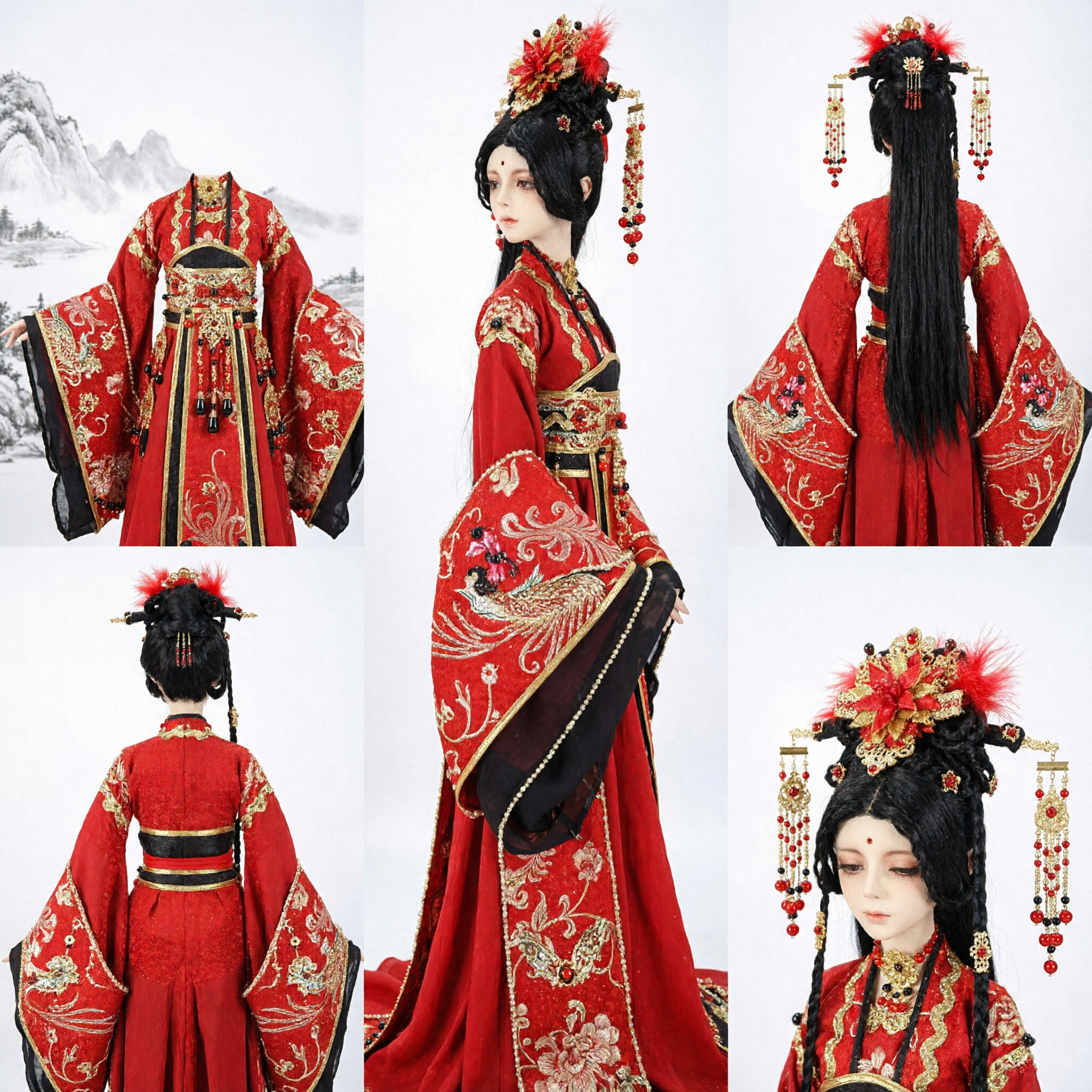 Costume Hanfu Tradizionale Cinese Esquisito per Bambole, Abito da Sposa Antico Rosso con Ricami Dorati e Copricapo - Asian Costume