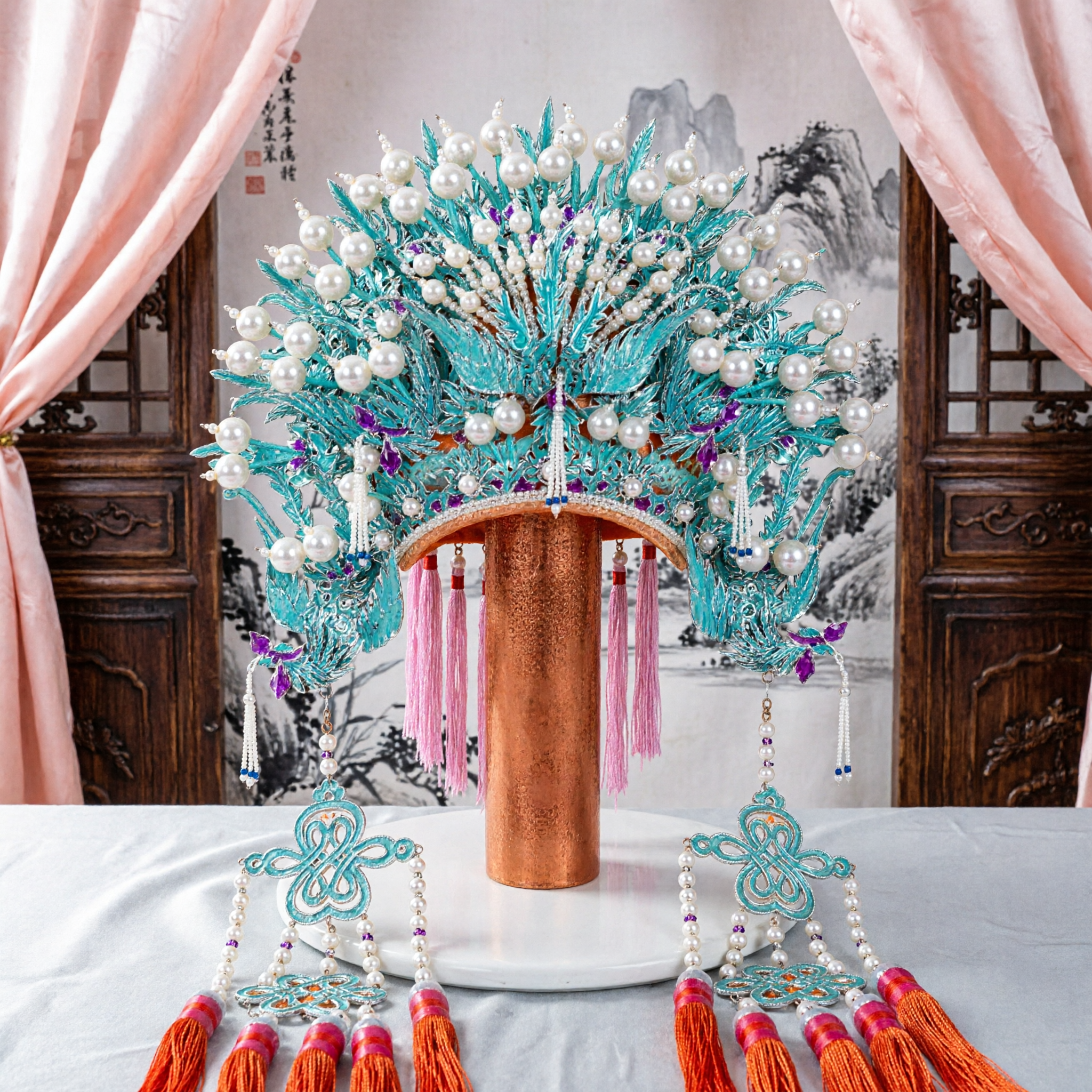 Traditioneller Chinesischer Peking-Oper-Phönixkrone-Kopfschmuck Blauer Türkis Brauthaaraccessoire für Frauen Bühnenauftrittskostüm - Asian Costume