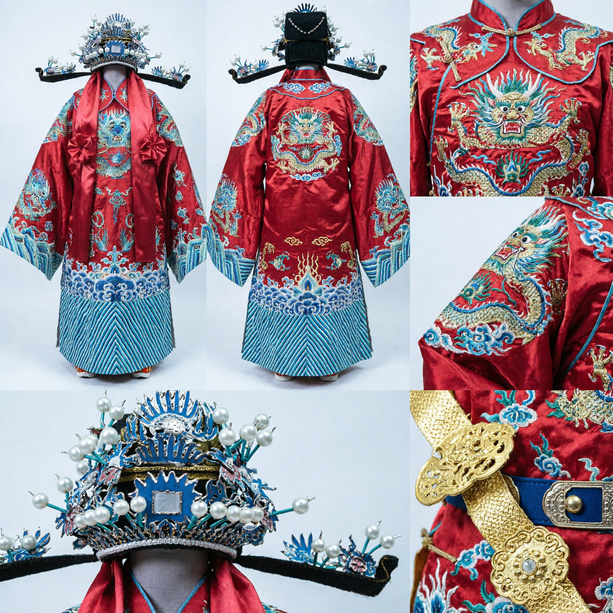 伝統的な中国京劇将軍衣装 刺繍入り赤龍ローブと頭飾り 舞台公演用 - Asian Costume