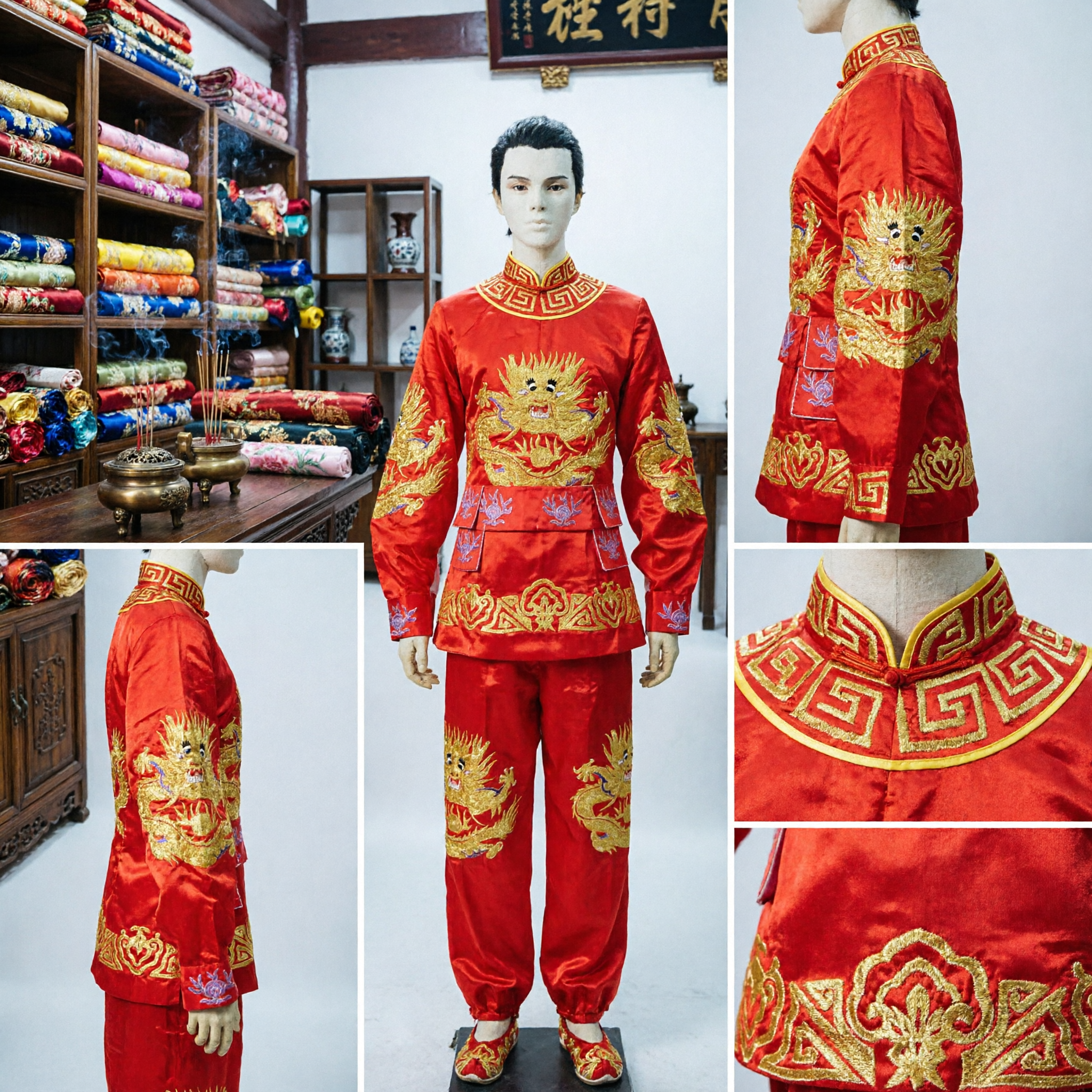 男性用伝統的中国赤唐装 金龍刺繍入りカンフー武術獅子舞衣装 - Asian Costume