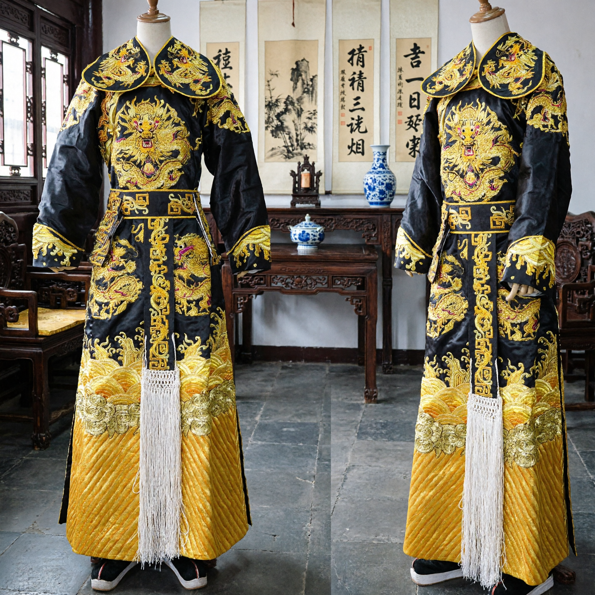 Traditional Chinese Black Dragon Robe Imperial Emperor Costume Gold Embroidery Qing Dynasty Performance Clothing for Men - Asian Costume