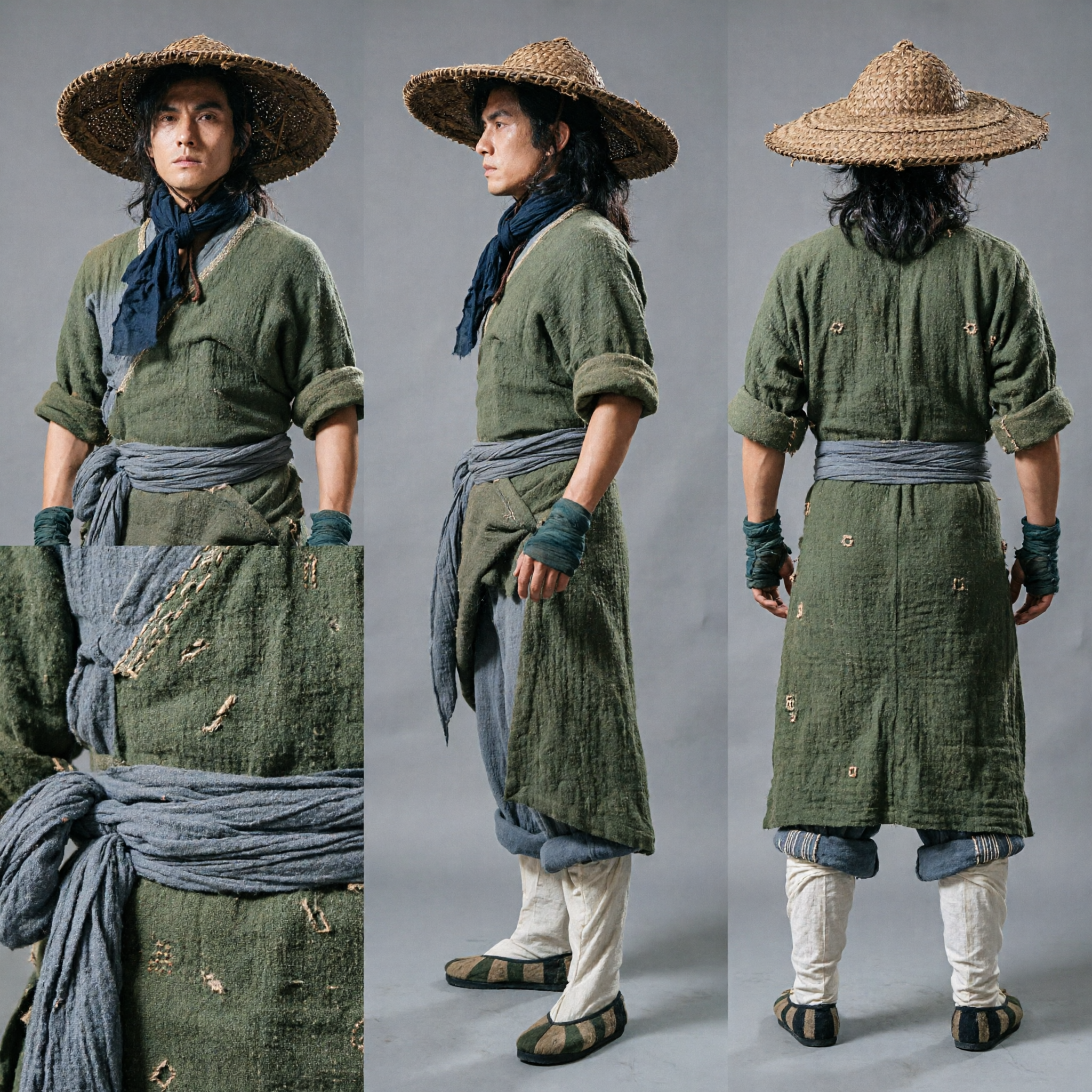 Antikes chinesisches Wuxia-Schwertkämpfer-Kostüm grüne Leinen-Hanfu-Robe Kampfkunst-Cosplay-Outfit für Männer - Asian Costume