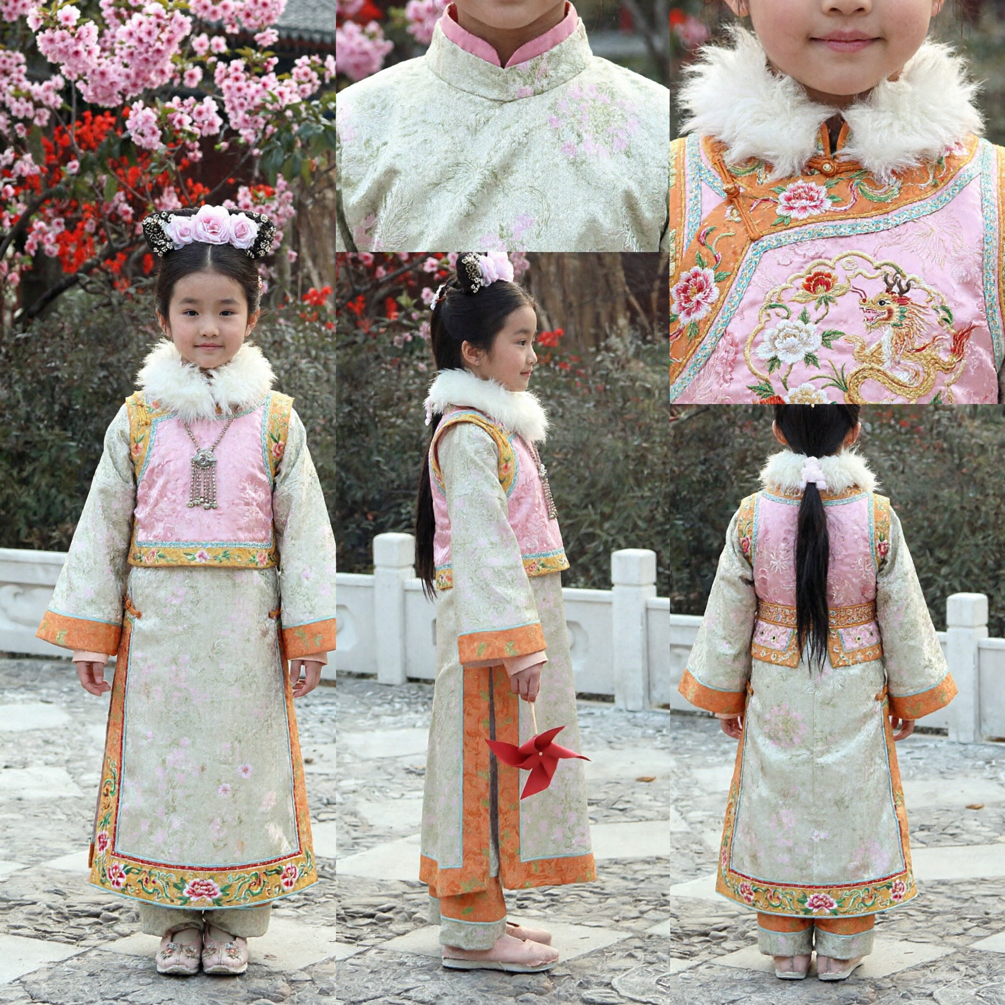 Traje de Princesa da Dinastia Qing Tradicional Chinês para Meninas, Conjunto de Roupas Antigas Rosa para Performance Infantil - Asian Costume