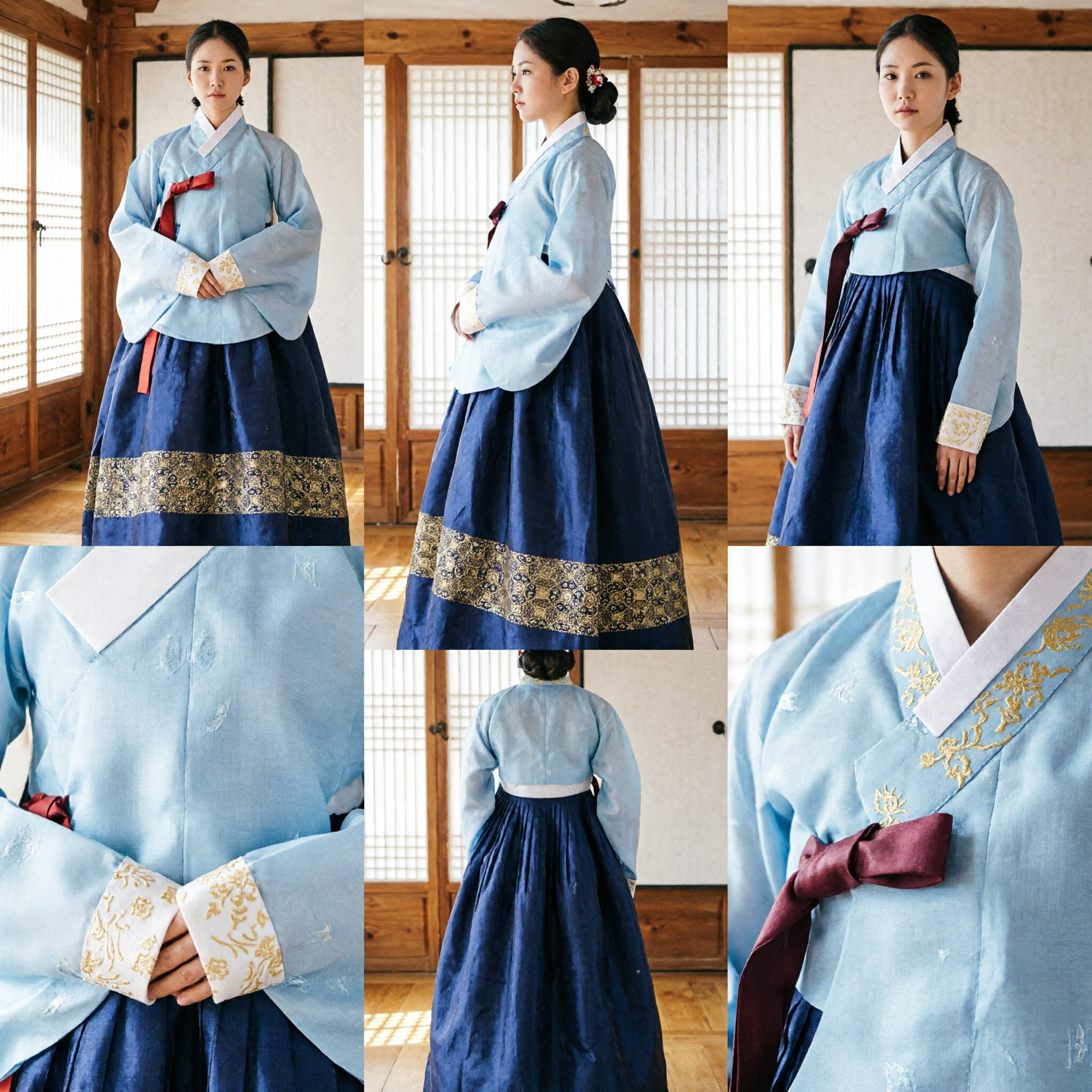 Robe Hanbok coréenne traditionnelle pour femmes - Haut bleu clair et jupe marine, tenue formelle pour les fêtes - Asian Costume