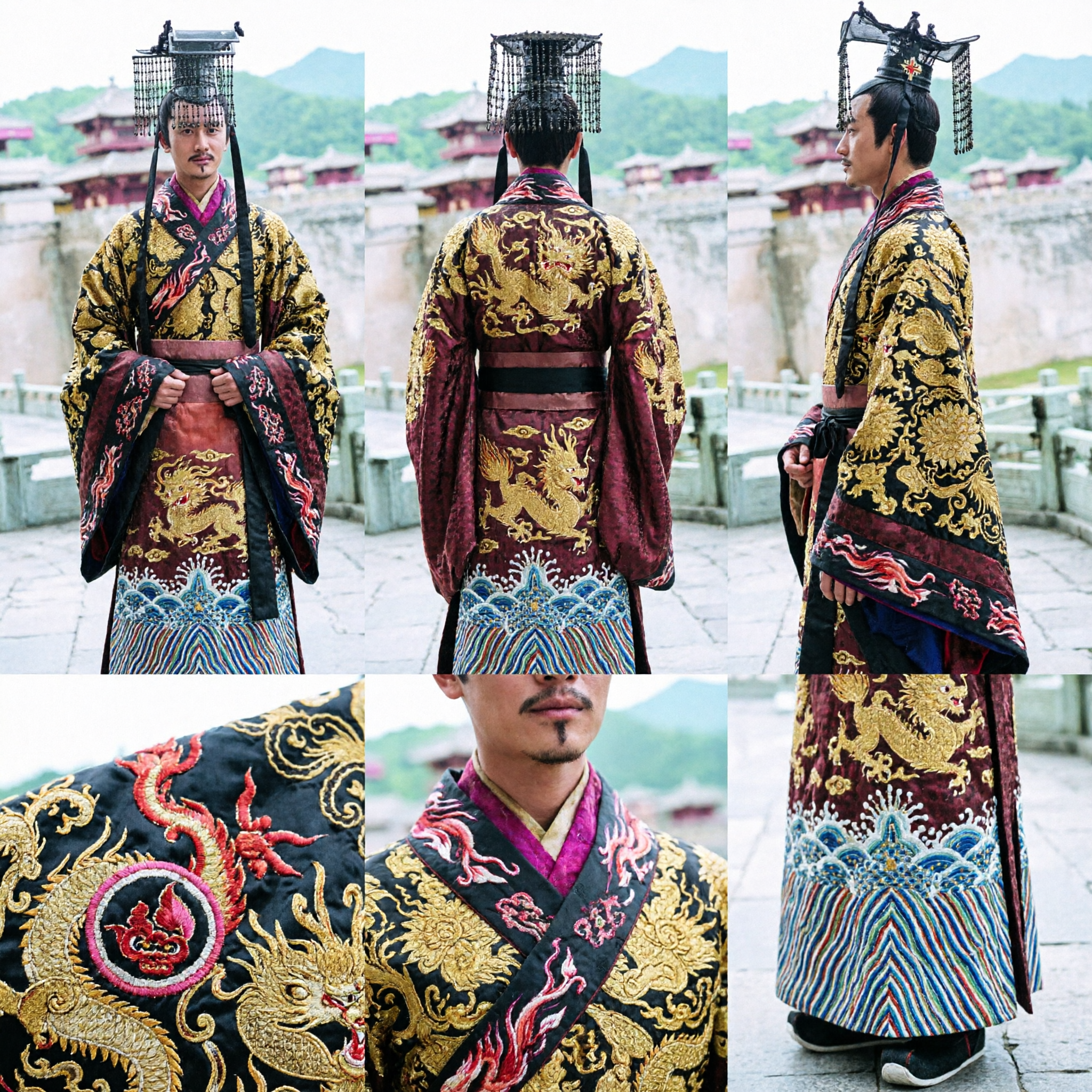 Imperial Chinese Emperor Hanfu Costume Set with Dragon Robe and Mianguan Crown for Men's Historical Cosplay - Asian Costume