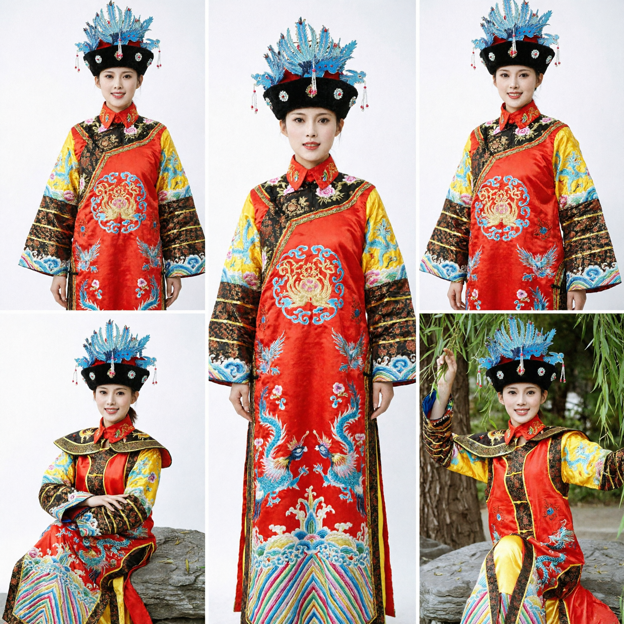 Traditioneel Chinese Qing-dynastie Paleisdame Kostuum Oude Keizerin Drakenmantel en Hoofdtooi voor Vrouwen Podiumoptreden - Asian Costume
