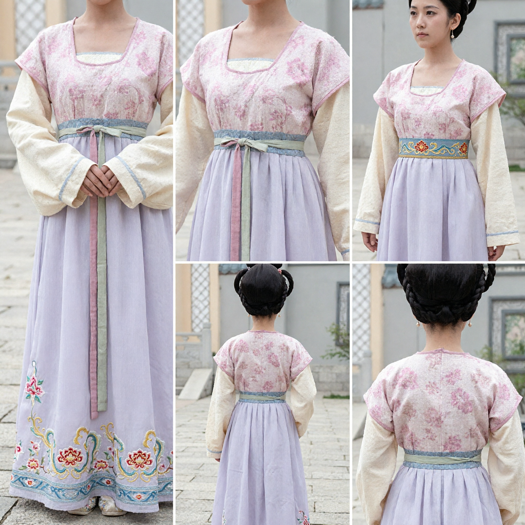 Traditioneel Chinese Tang-dynastie Paleisdienstmeisje Hanfu Kostuum Roze Bloementop en Paarse Rokset voor Dansoptreden - Asian Costume