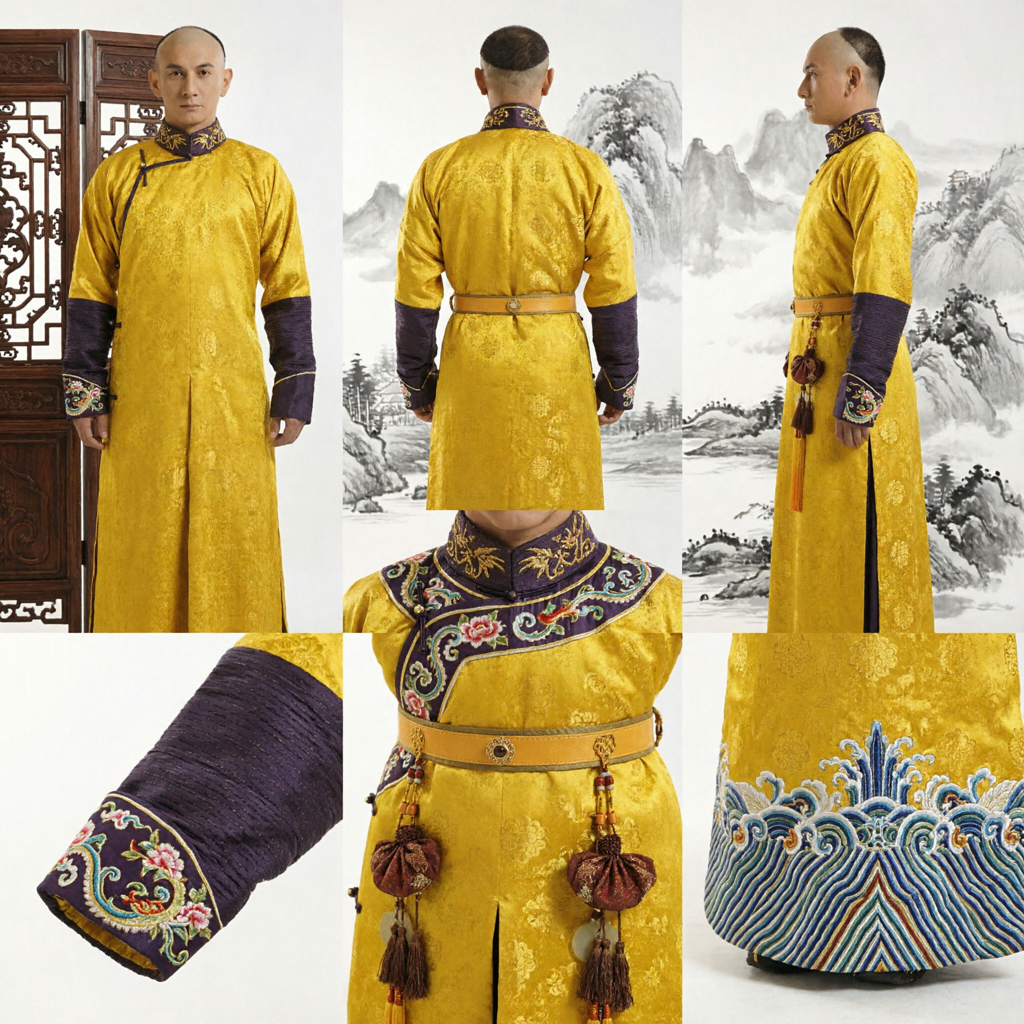 Robe Changshan soie jaune de la dynastie Qing traditionnelle chinoise - Costume historique masculin pour cosplay et théâtre - Asian Costume