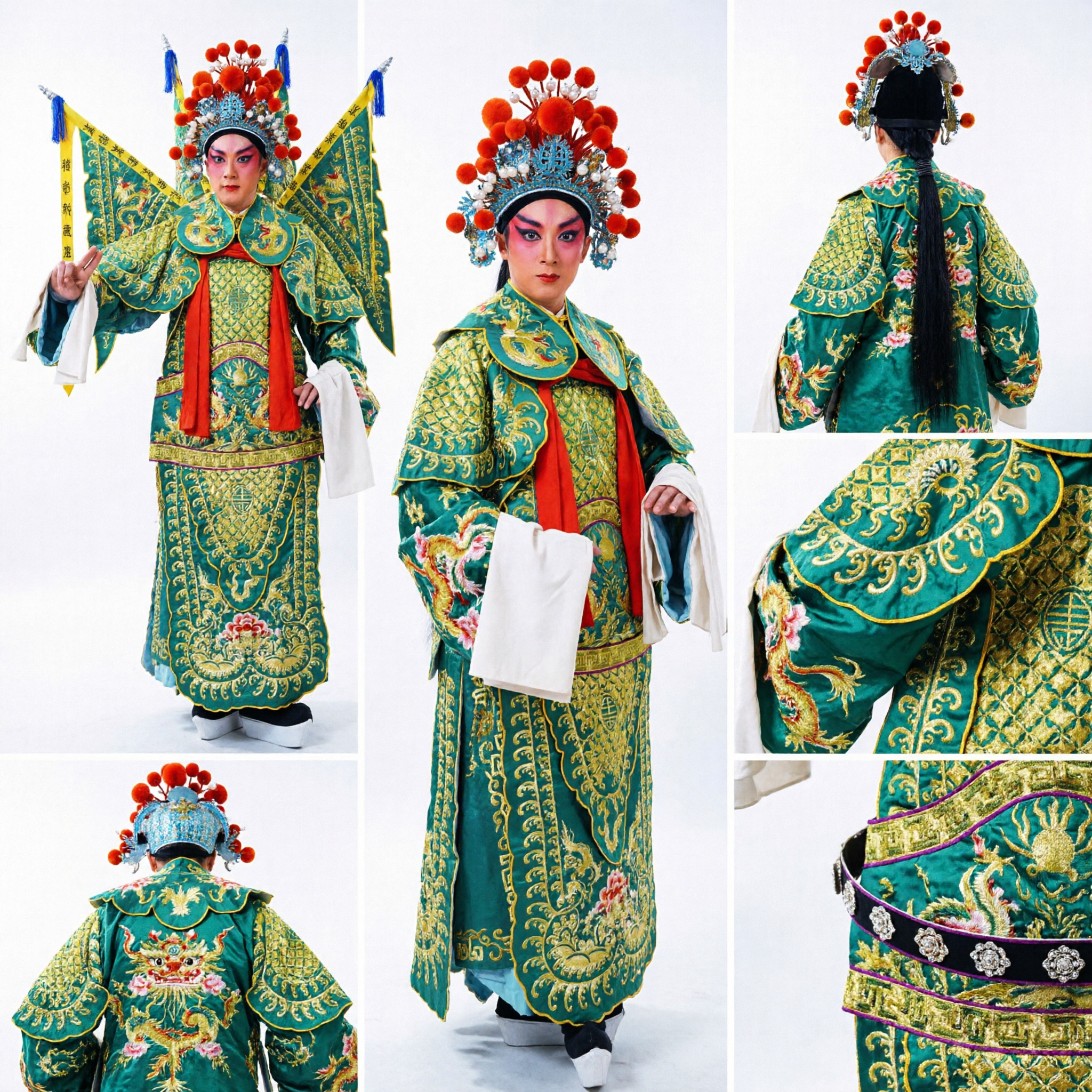 Costume da Generale dell'Opera di Pechino Tradizionale Cinese Armatura Ricamata Verde con Bandiere e Copricapo per Performance Maschili - Asian Costume