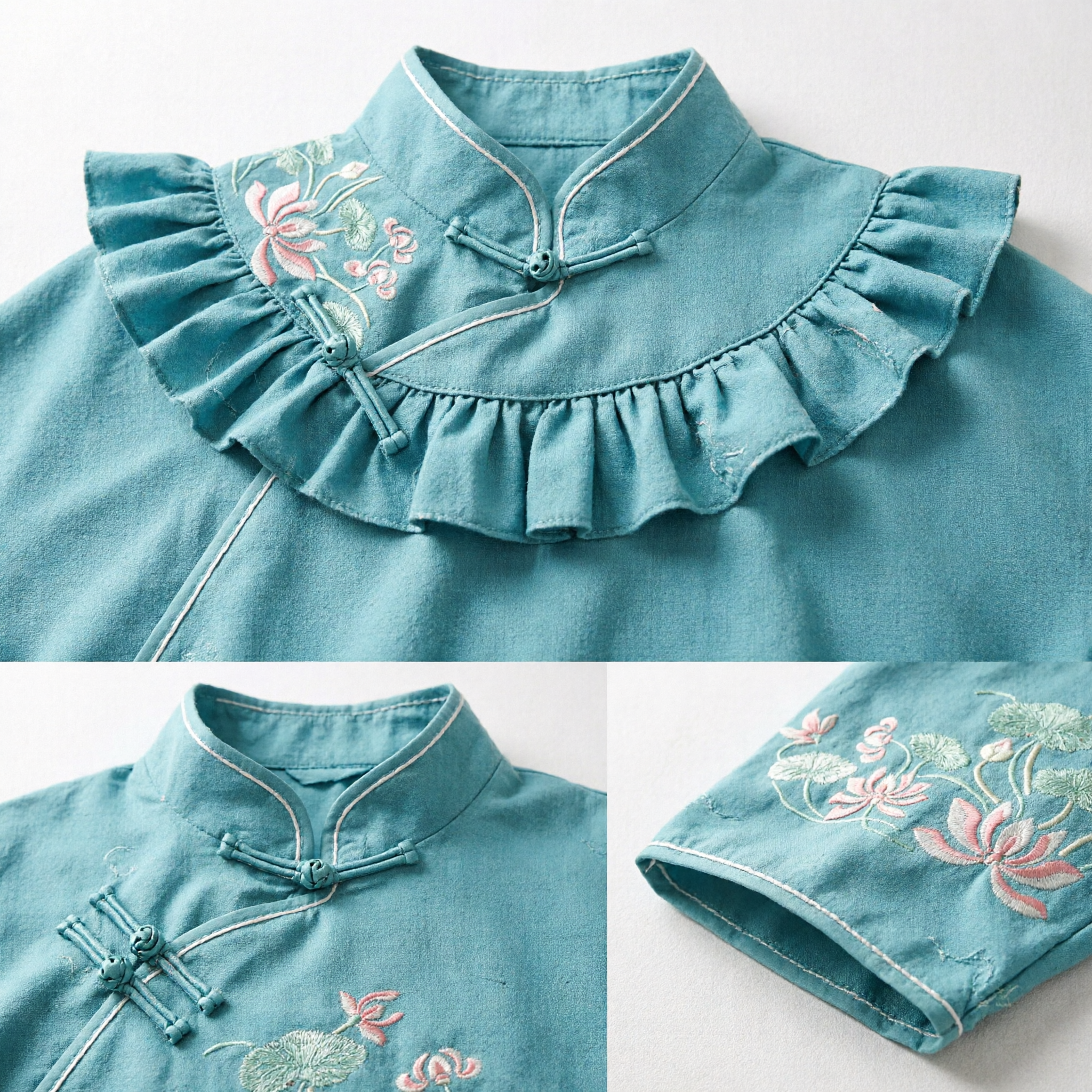 Bolsa Tradicional China de Seda con Cordón y Bordado de Loto Azul Verdoso para Almacenamiento de Joyería y como Bolsa Regalo - Asian Costume