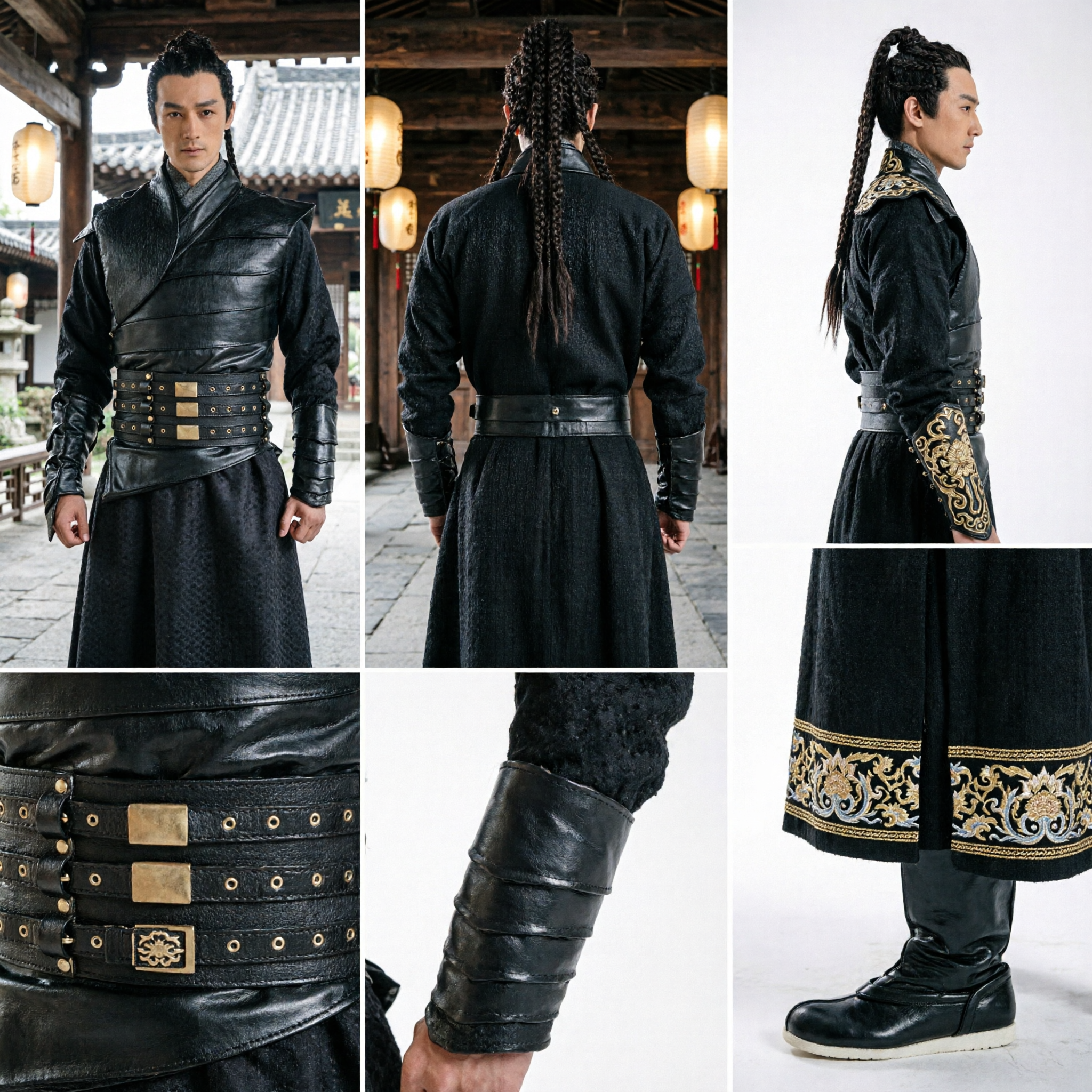 Męski czarny kostium wojownika Wuxia, tradycyjny chiński zestaw zbroi rycerskiej Hanfu na cosplay i dramaty historyczne - Asian Costume