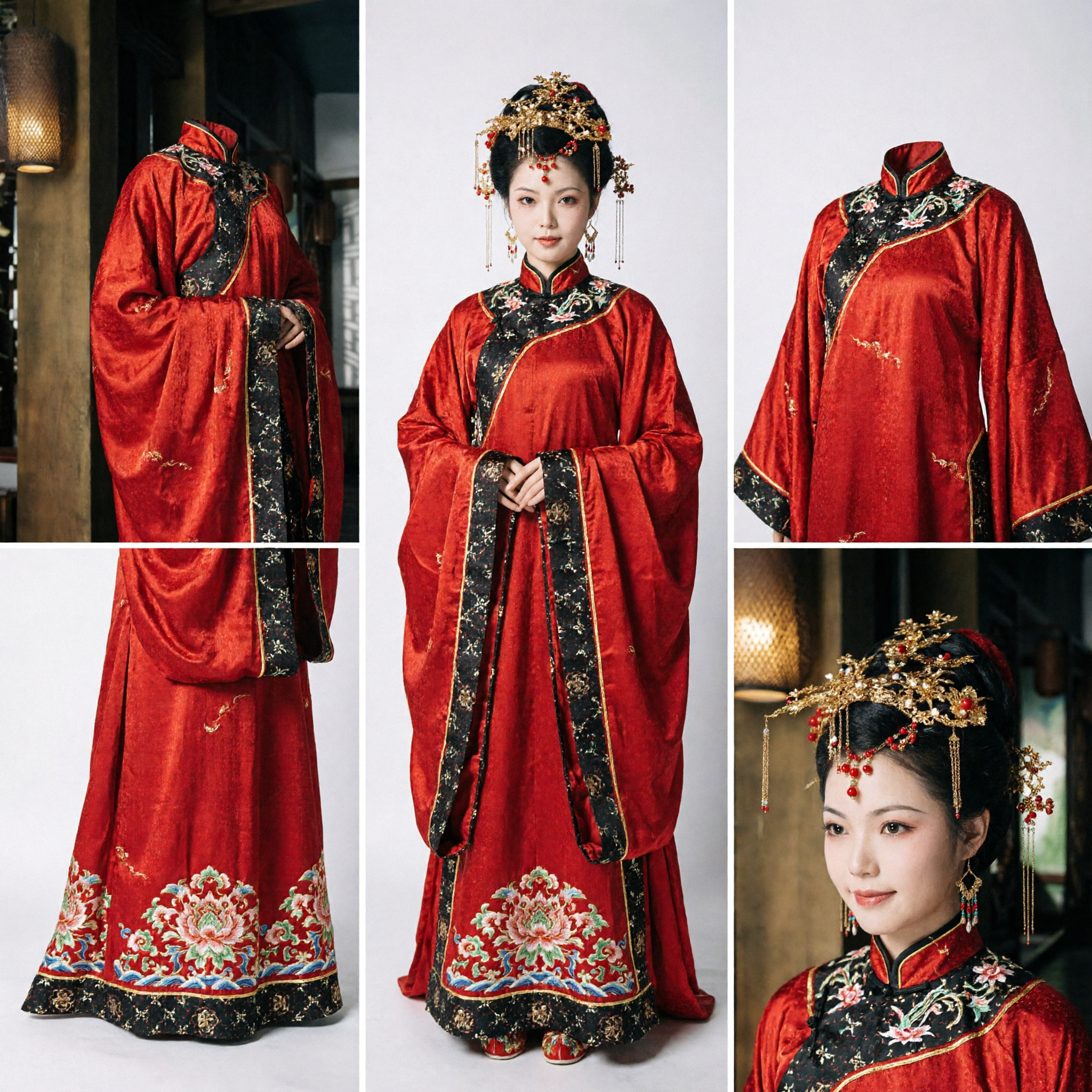 Traditionelles chinesisches rotes Hanfu-Kostüm mit Stickerei und Kopfschmuck für Frauen antike Hochzeitsfotografie - Asian Costume
