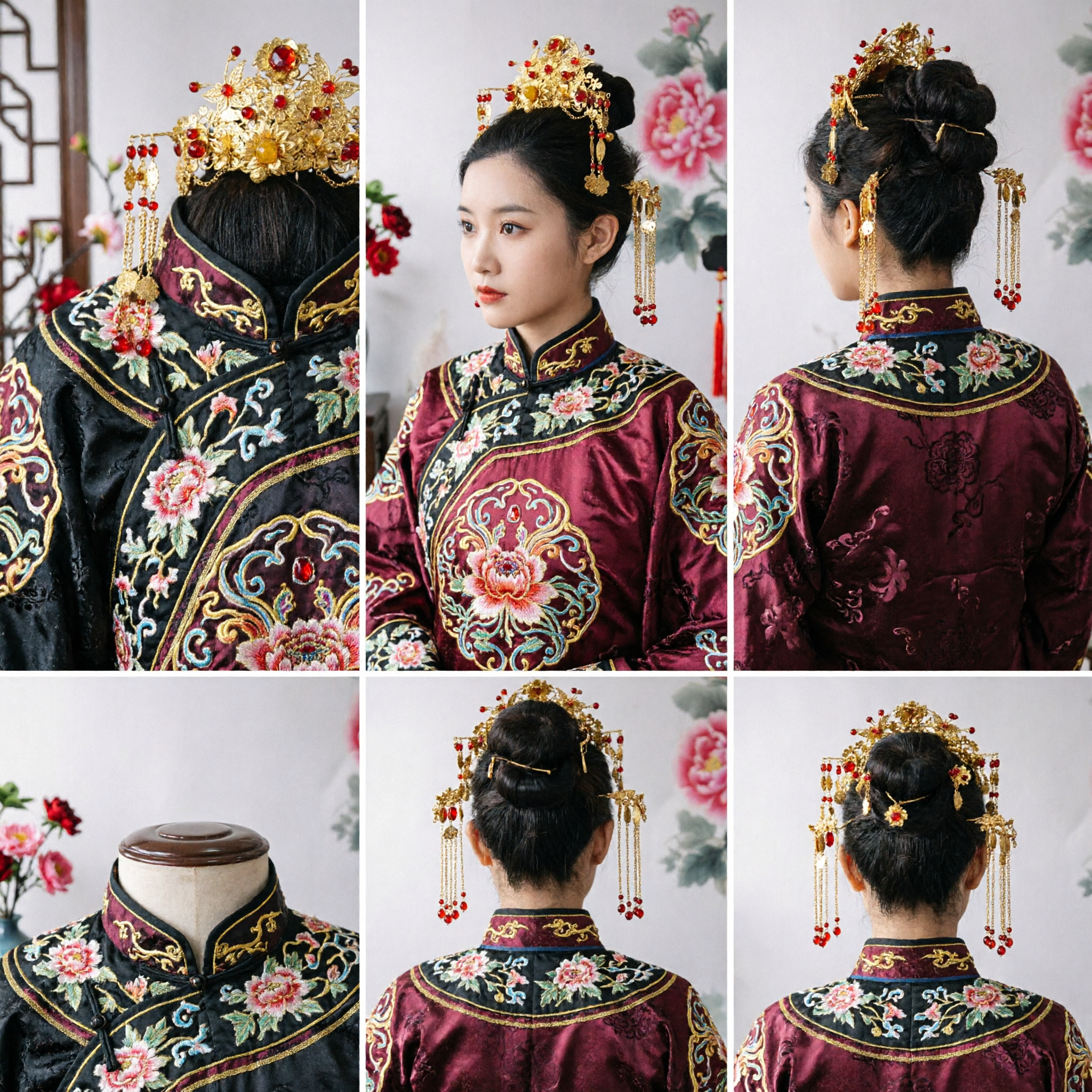Ensemble d'épingle à cheveux dorée traditionnelle chinoise exquise - Couronne phénix ancienne Hanfu, bijou de coiffure de mariée pour femmes - Asian Costume