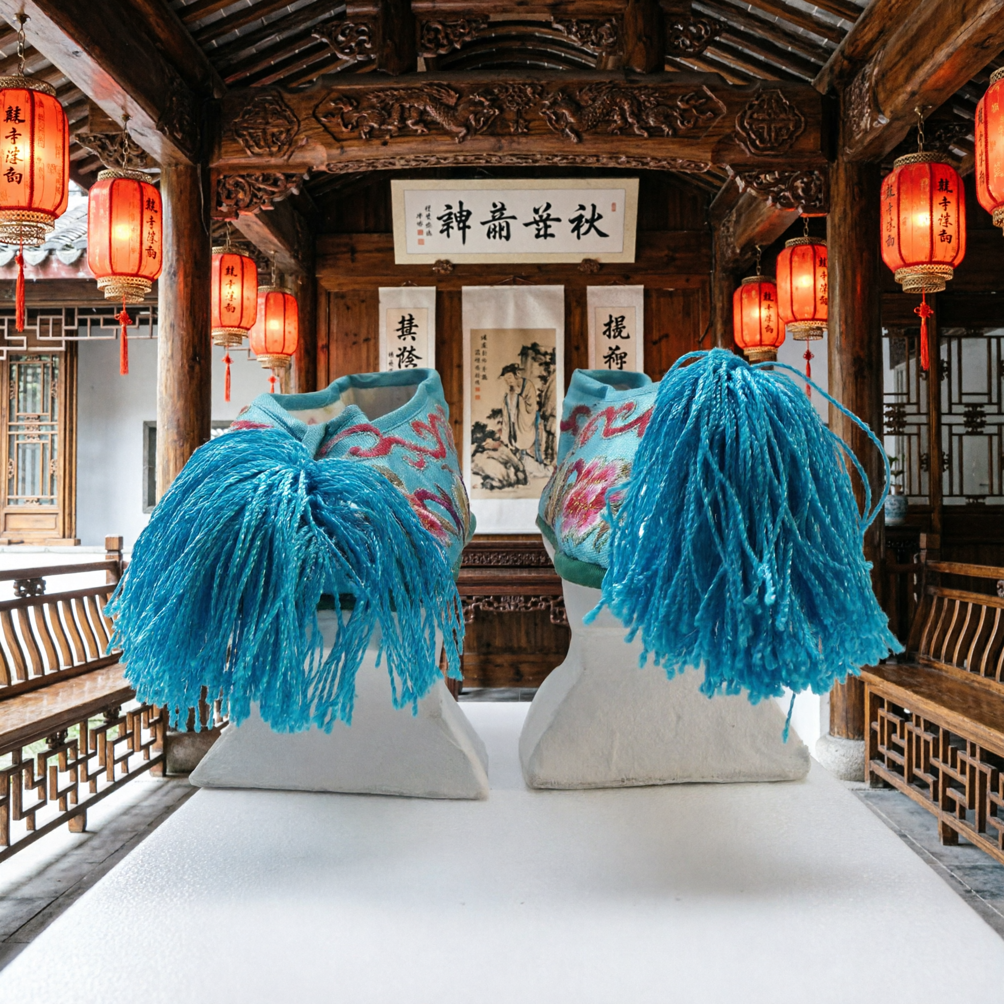 Chaussures traditionnelles chinoises bleues à glands, broderies florales sur tissu pour les performances d'opéra et de danse Hanfu, femmes et filles - Asian Costume