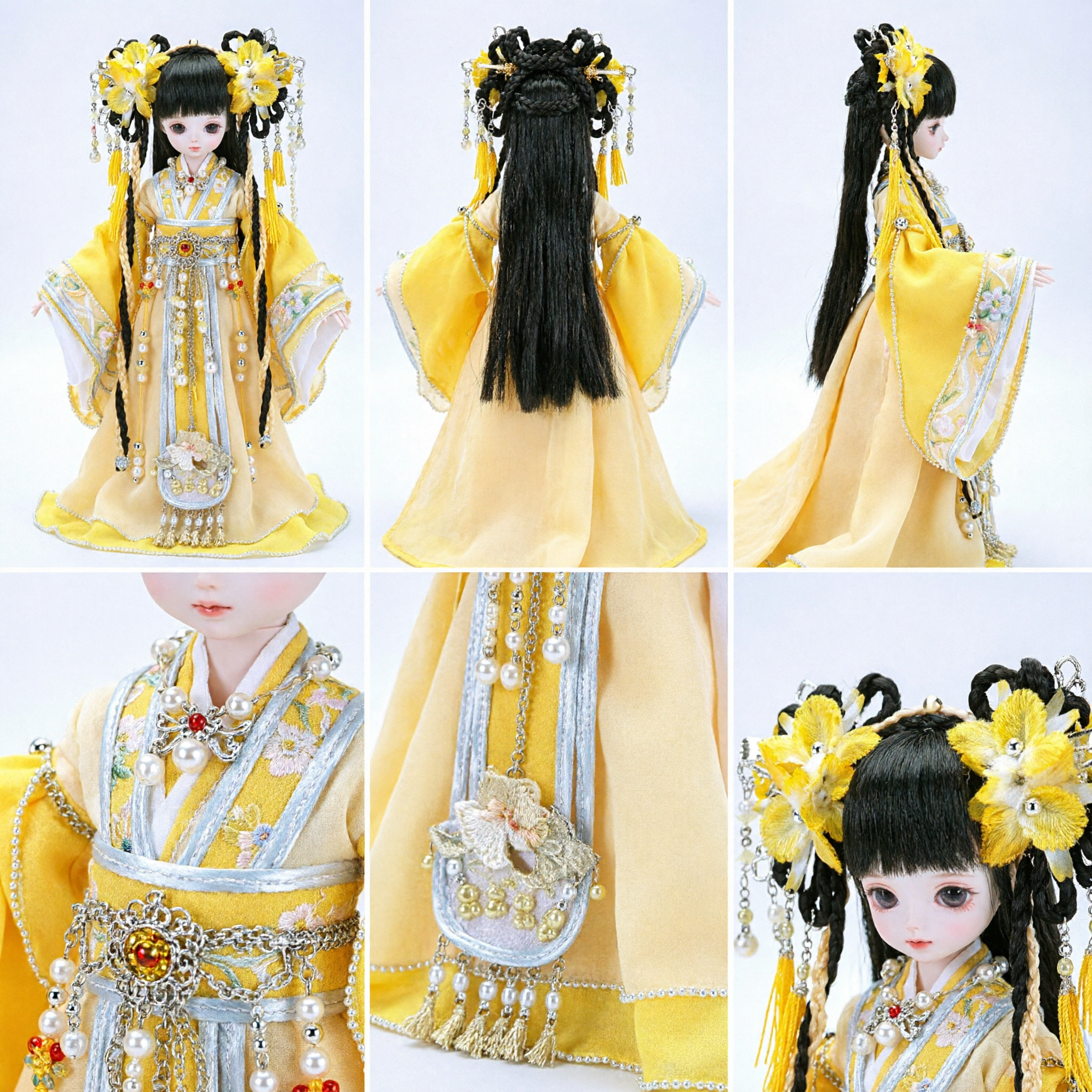 정교한 황색 고대 중국 한푸 의상 세트 BJD 인형용 꽃 머리 장식 및 보석 포함 - Asian Costume