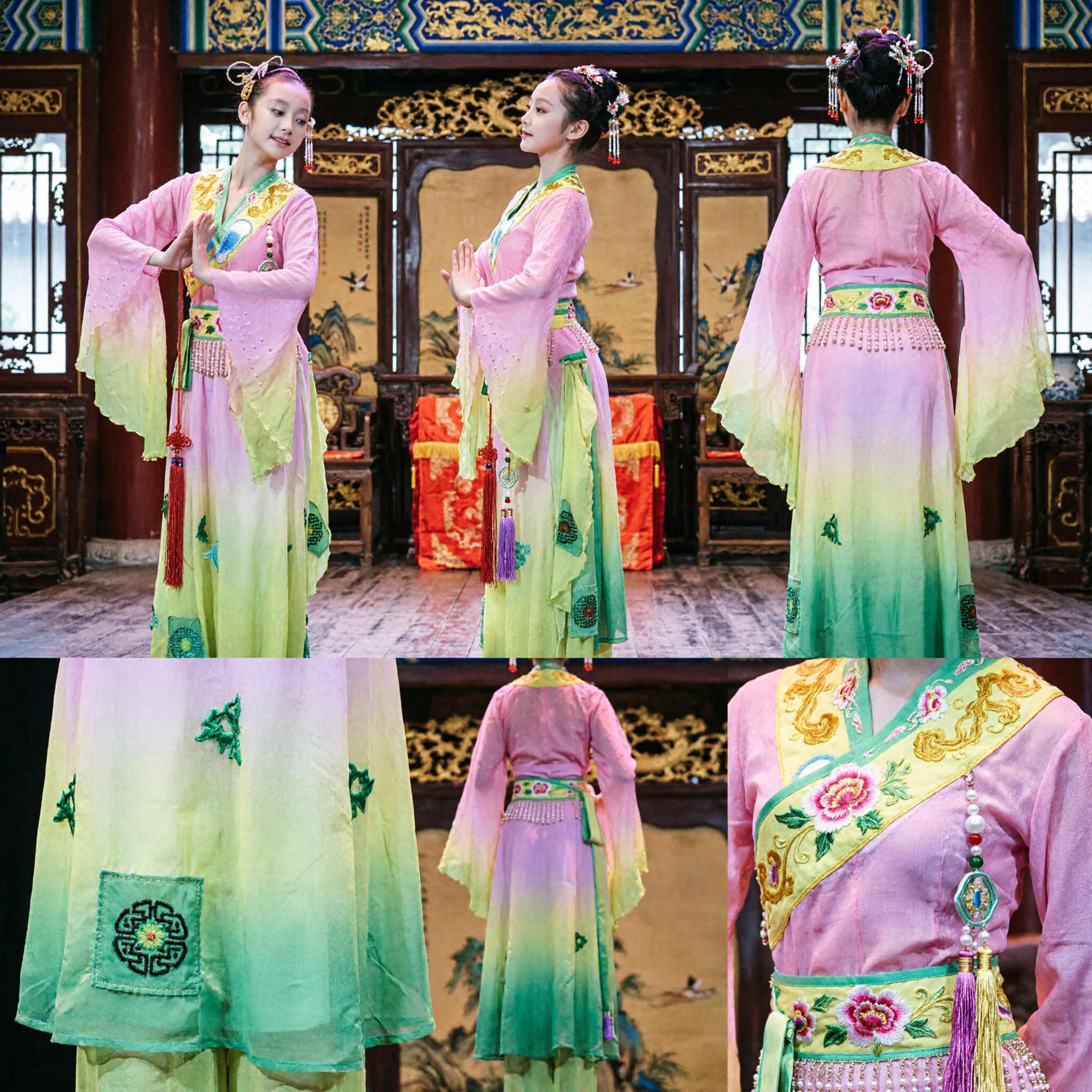 Costume de danse chinoise traditionnelle pour filles, style Dunhuang Feitian, tenue de spectacle rose et jaune pour enfants sur scène - Asian Costume