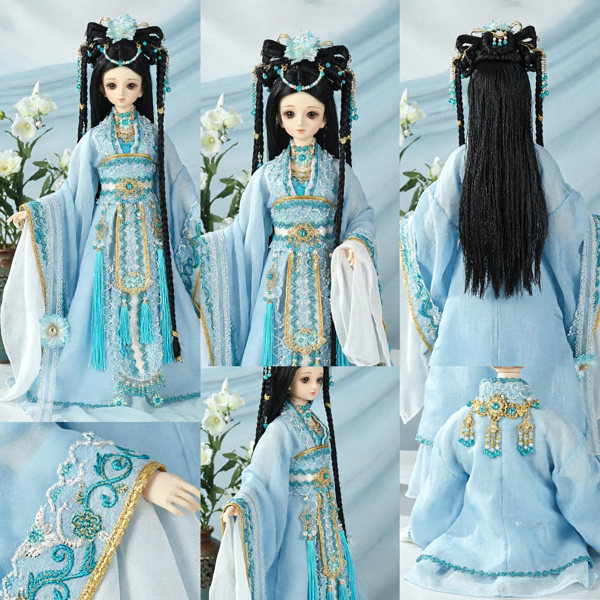 Costume de princesse Hanfu chinois traditionnel exquis pour poupée BJD avec coiffe élaborée et broderie bleue - Asian Costume