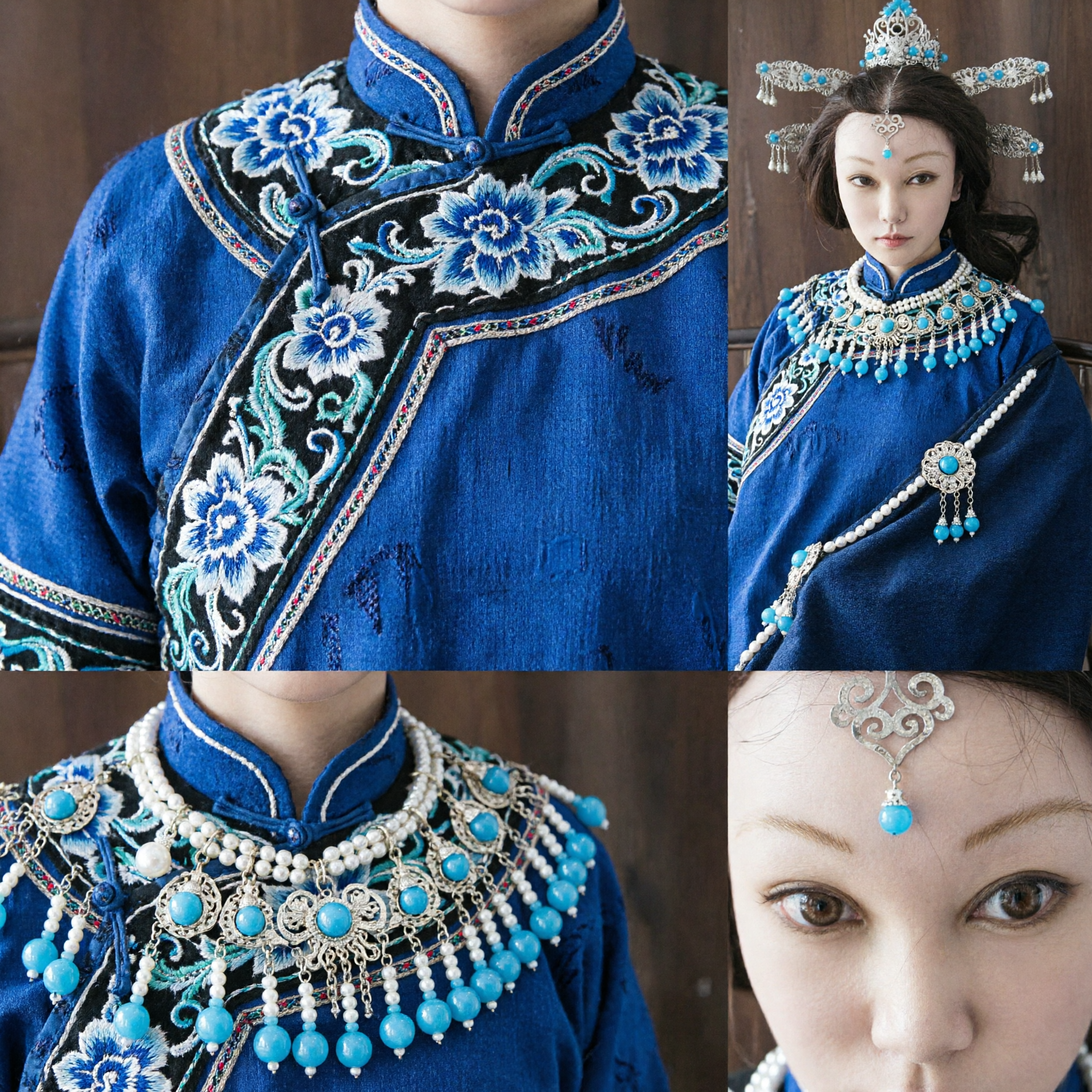 Set Accessori per Capelli Hanfu Tradizionale Cinese, Corona in Filigrana d'Argento con Perle Blu, Copricapo da Palazzo per Matrimoni - Asian Costume