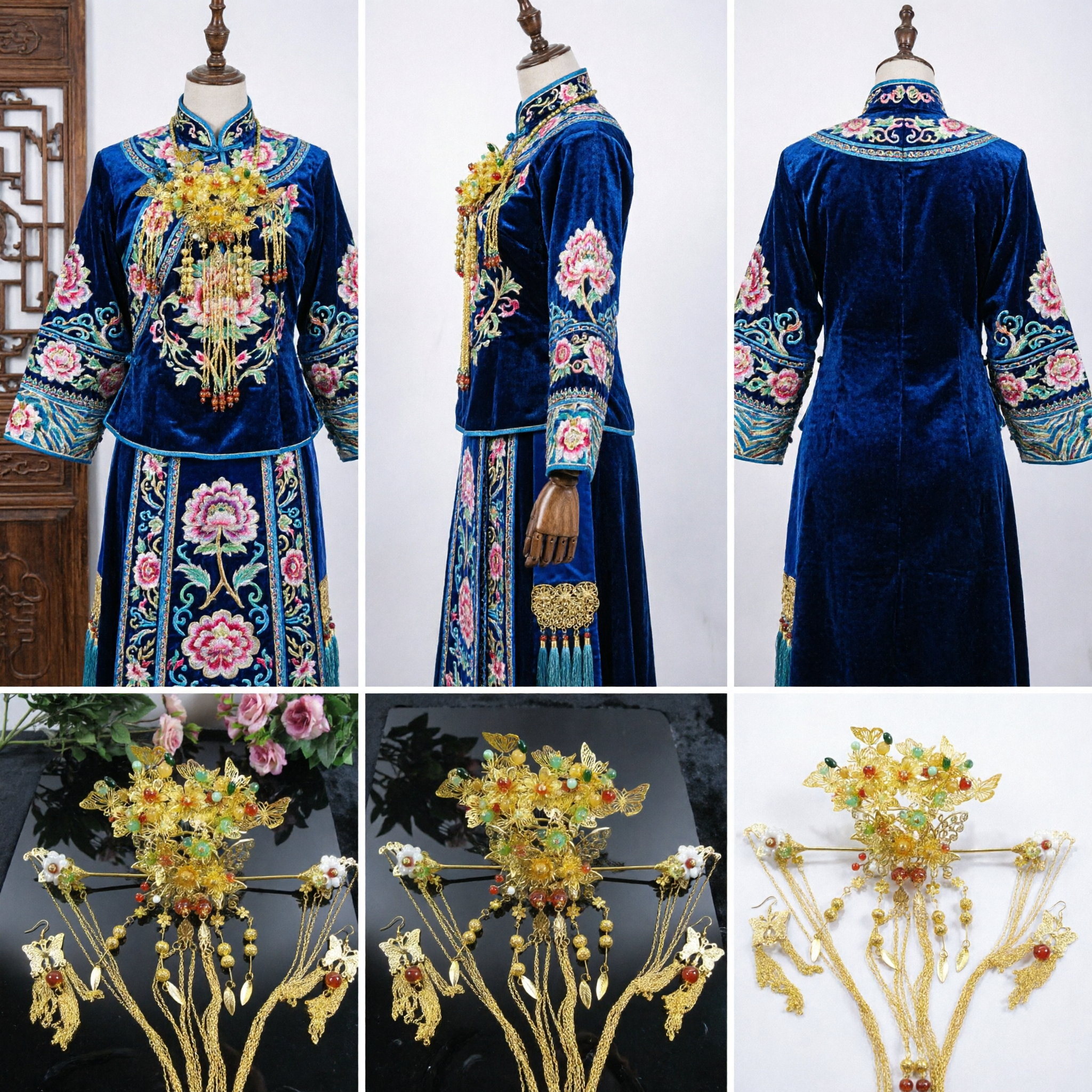 Set Accessori per Capelli Hanfu Tradizionale Cinese, Corona con Farfalle Dorate, Forcine e Orecchini per Sposa - Asian Costume