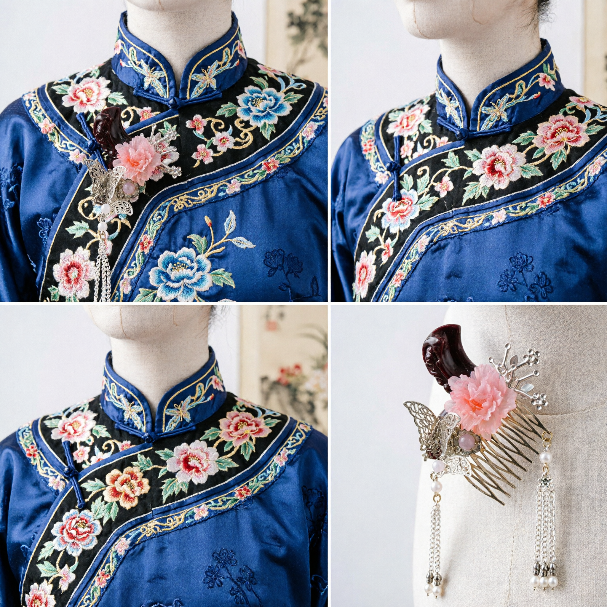 Pente de Cabelo Tradicional Chinês, Hairpin de Borboleta Prateada com Flor Rosa para Acessório de Casamento Hanfu Feminino - Asian Costume