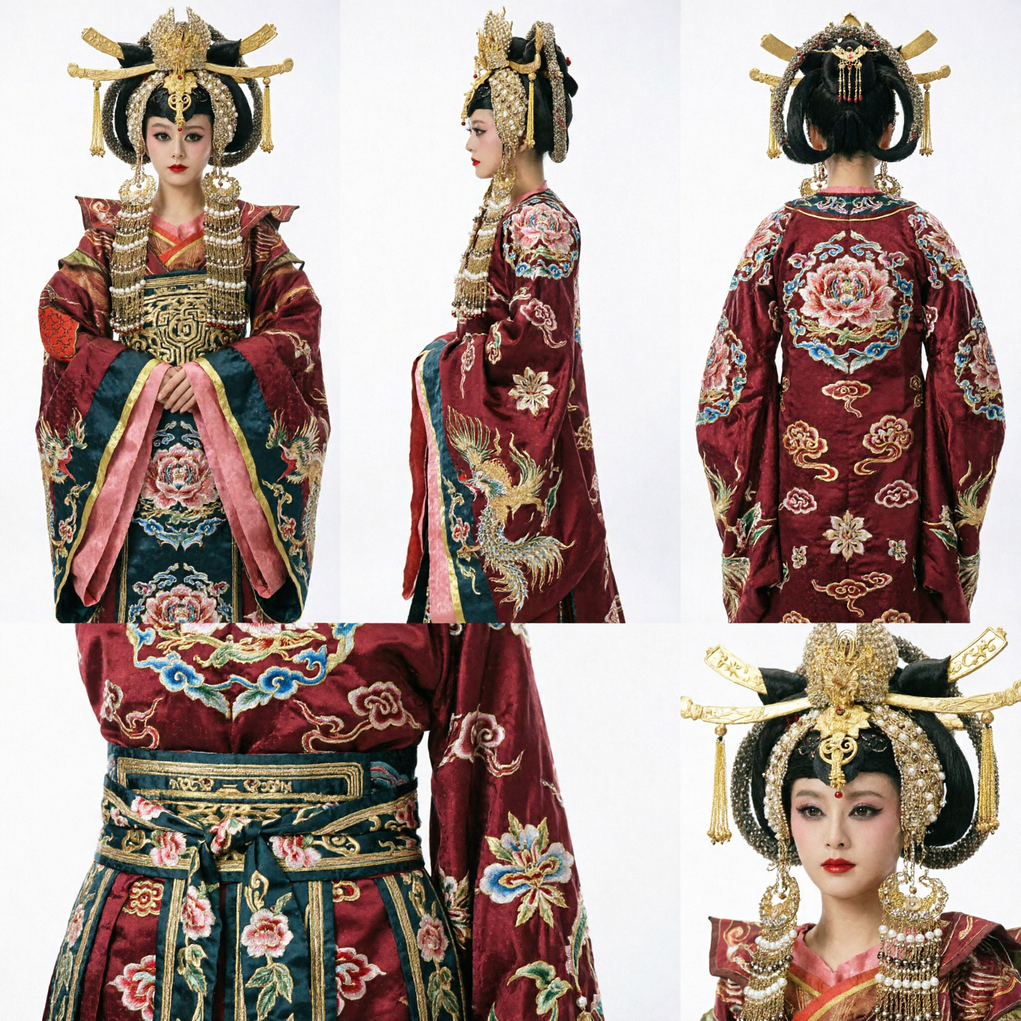 Traje Tradicional Chinês Hanfu da Imperatriz Wu Zetian da Dinastia Tang com Elaborado Chapéu de Pérolas Douradas para Performance no Palco - Asian Costume