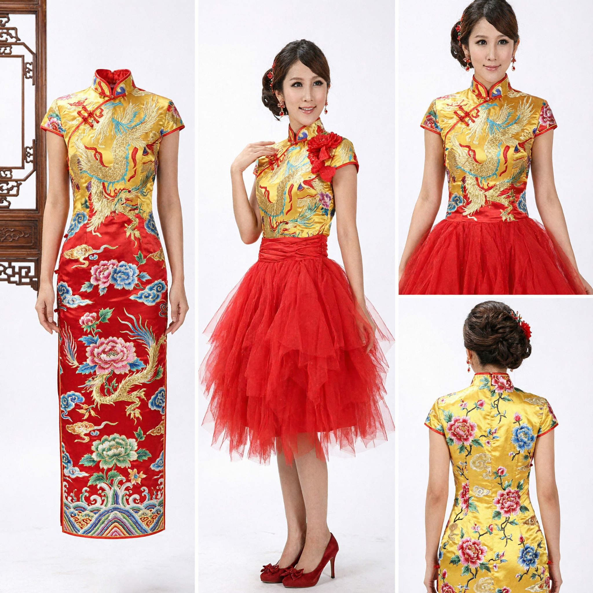 Traditionelles chinesisches Hochzeitskleid goldbesticktes Cheongsam-Oberteil mit rotem Tüllrock für die Braut - Asian Costume