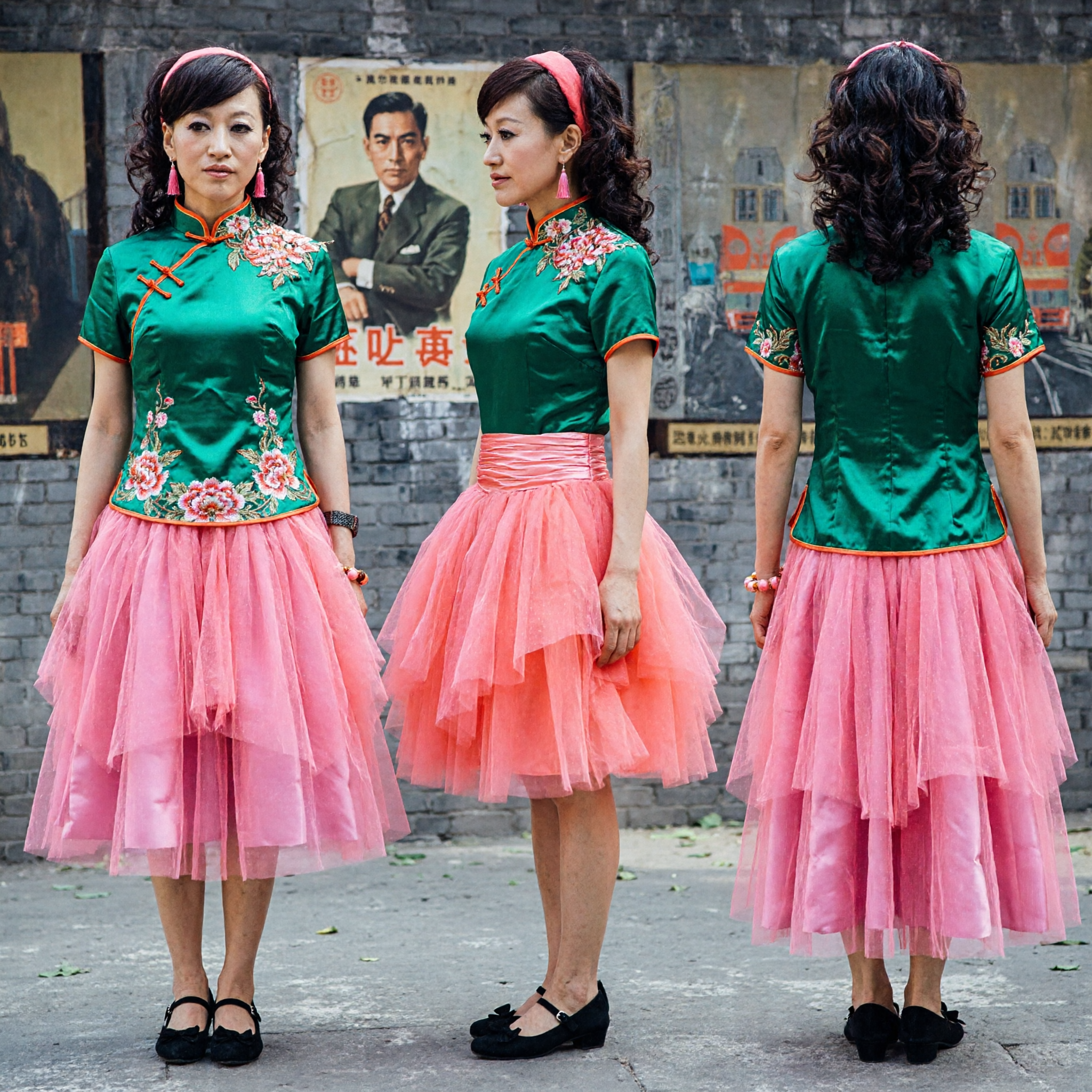 Top Cheongsam Verde de Fusão Moderna com Saia Tutu de Tule Rosa, Traje de Dança Tradicional Chinesa para Performance - Asian Costume