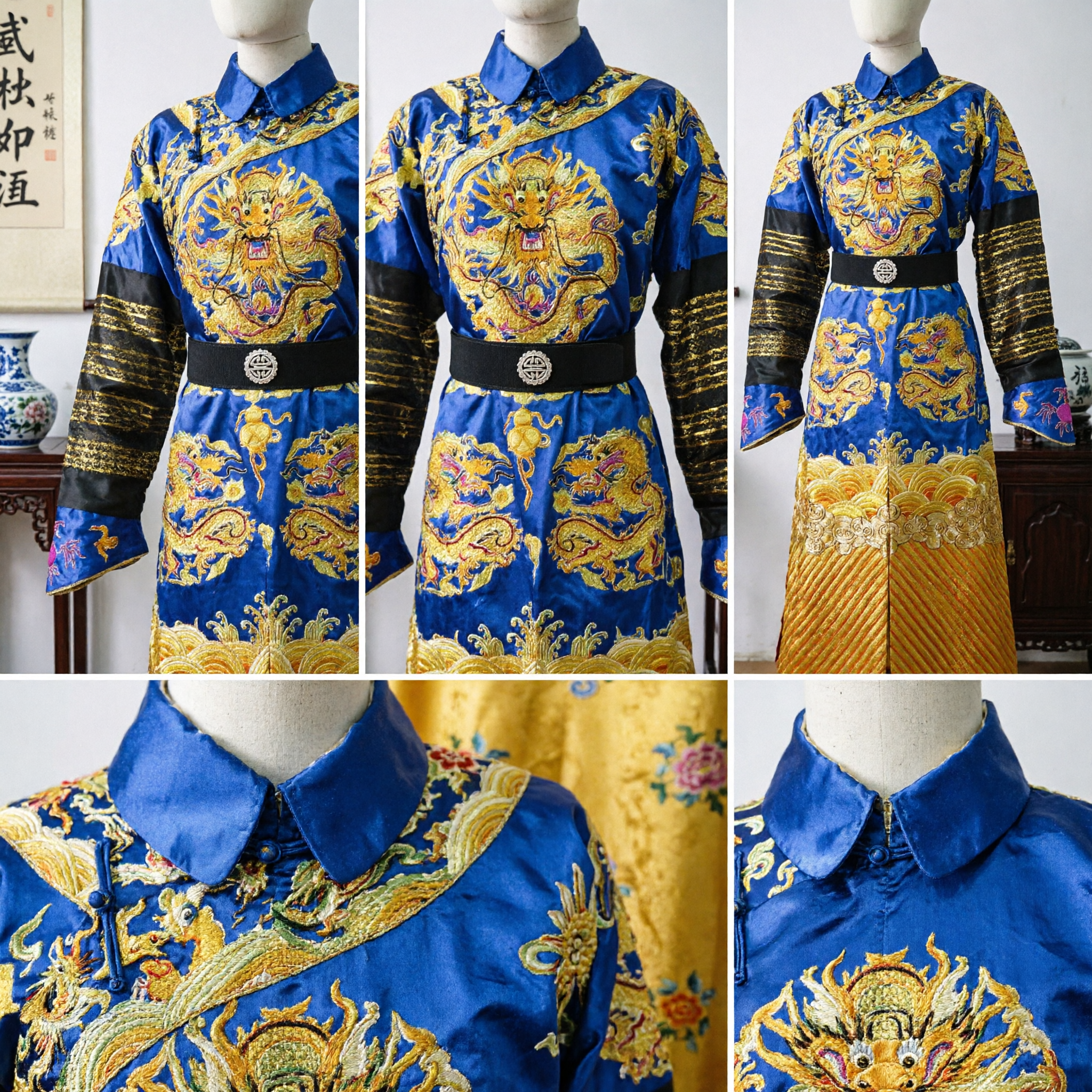 Men's Traditional Chinese Blue Robe with Gold Dragon Embroidery for Stage Performance and Cultural Events - Asian Costume