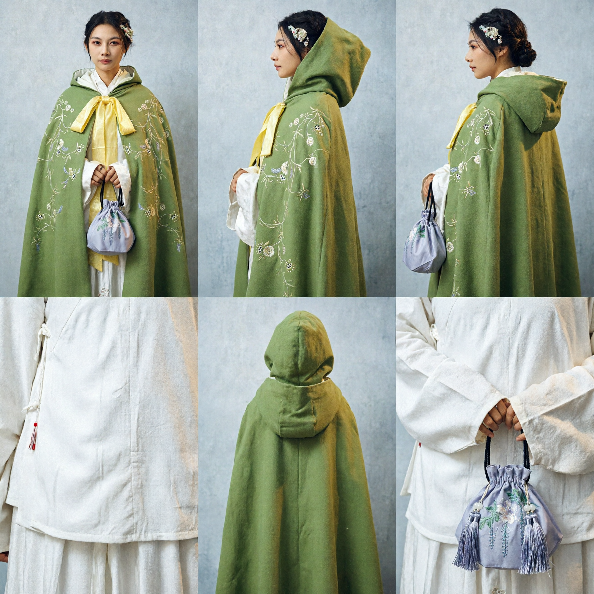 Элегантная зеленая цветочная вышитая накидка Ханьфу с капюшоном, традиционная китайская зимняя верхняя одежда для женщин - Asian Costume