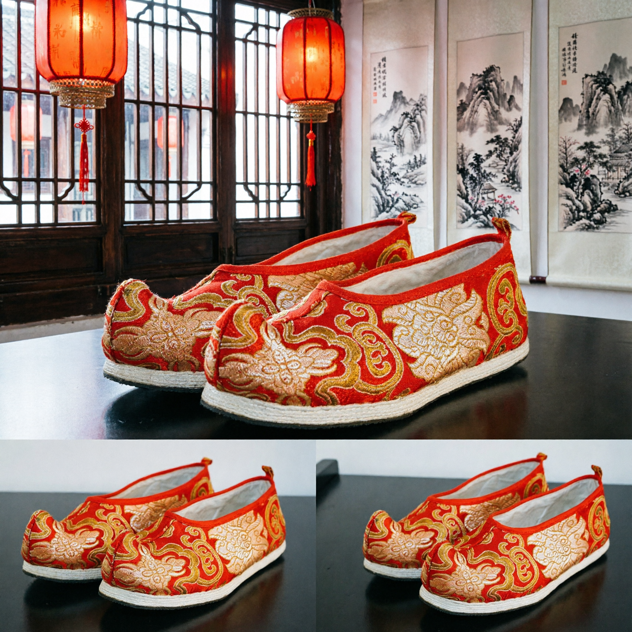 Scarpe da Sposa Ricamate Rosse Tradizionali Cinesi per Donna Accessori Hanfu Stile Fenice Scarpe di Stoffa - Asian Costume