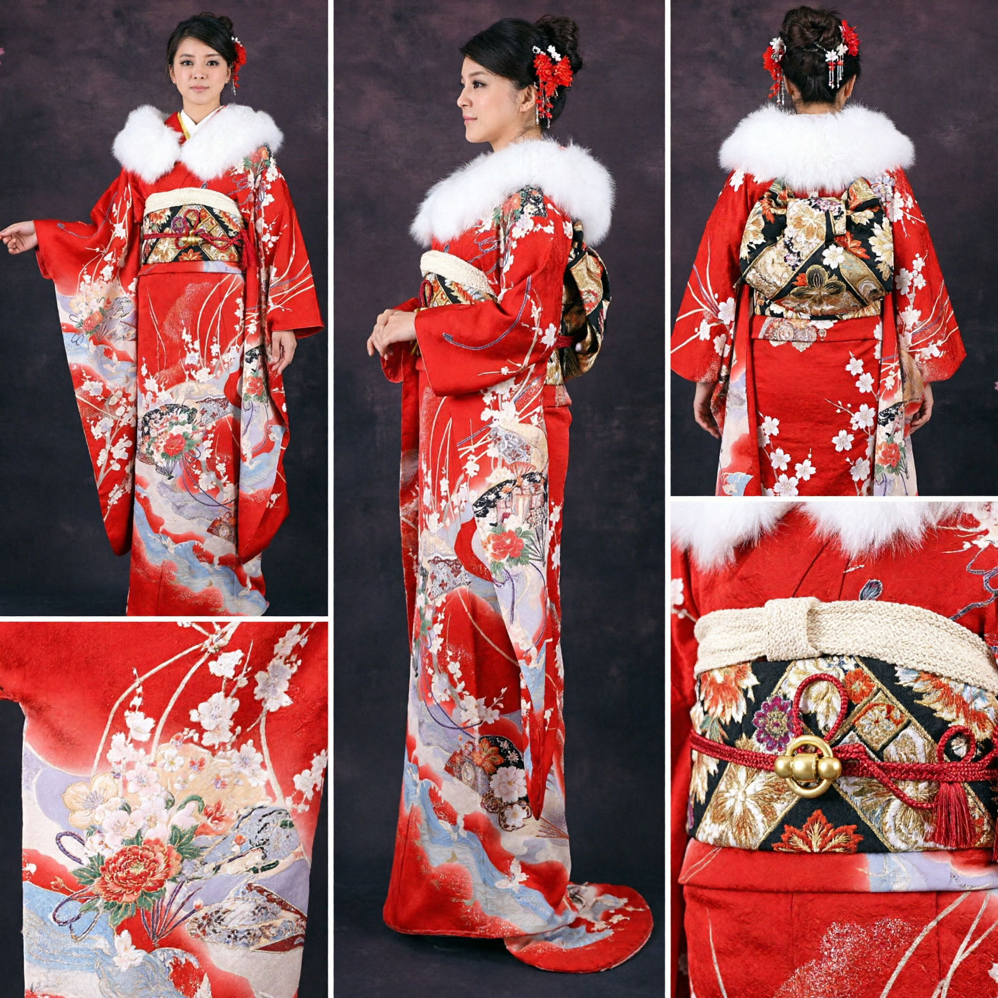 Tradycyjne czerwone japońskie Furisode Kimono z wzorem kwiatowym i białą futrzaną szalą na ceremonie ślubne - Asian Costume