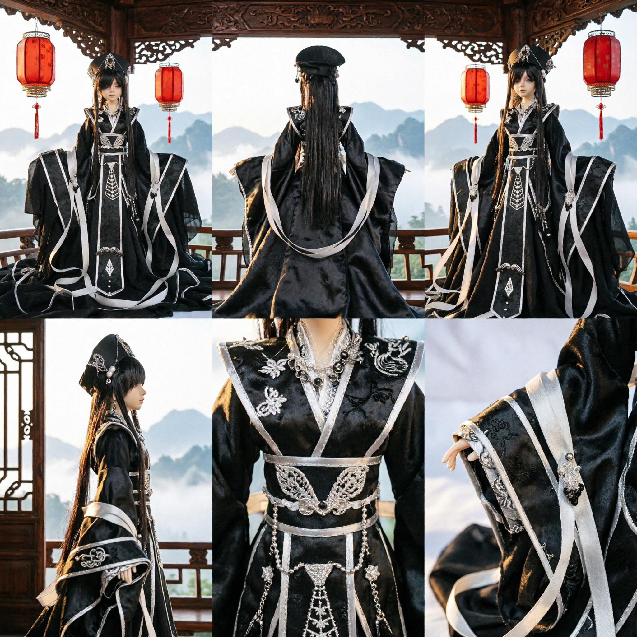 Costume Hanfu chinois ancien noir pour hommes, tenue de cosplay de sabreur Wuxia avec broderie argentée et chapeau - Asian Costume