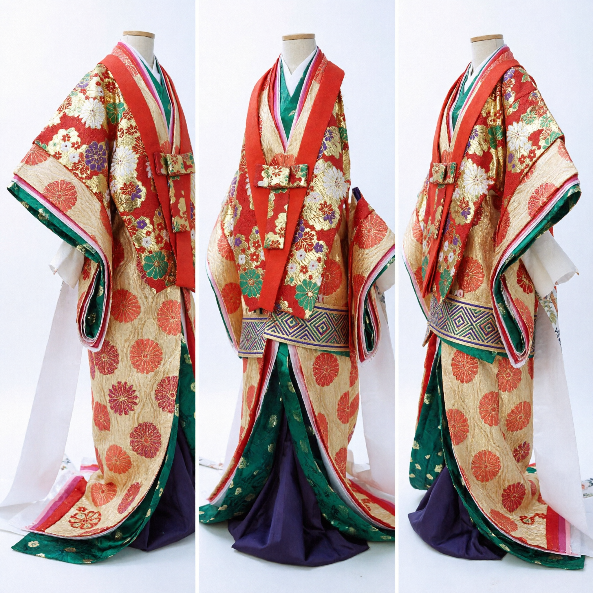 Traditional Japanese Red Kimono Costume Gold Floral Pattern Court Lady Outfit for Kids Festival Display - Asian Costume
