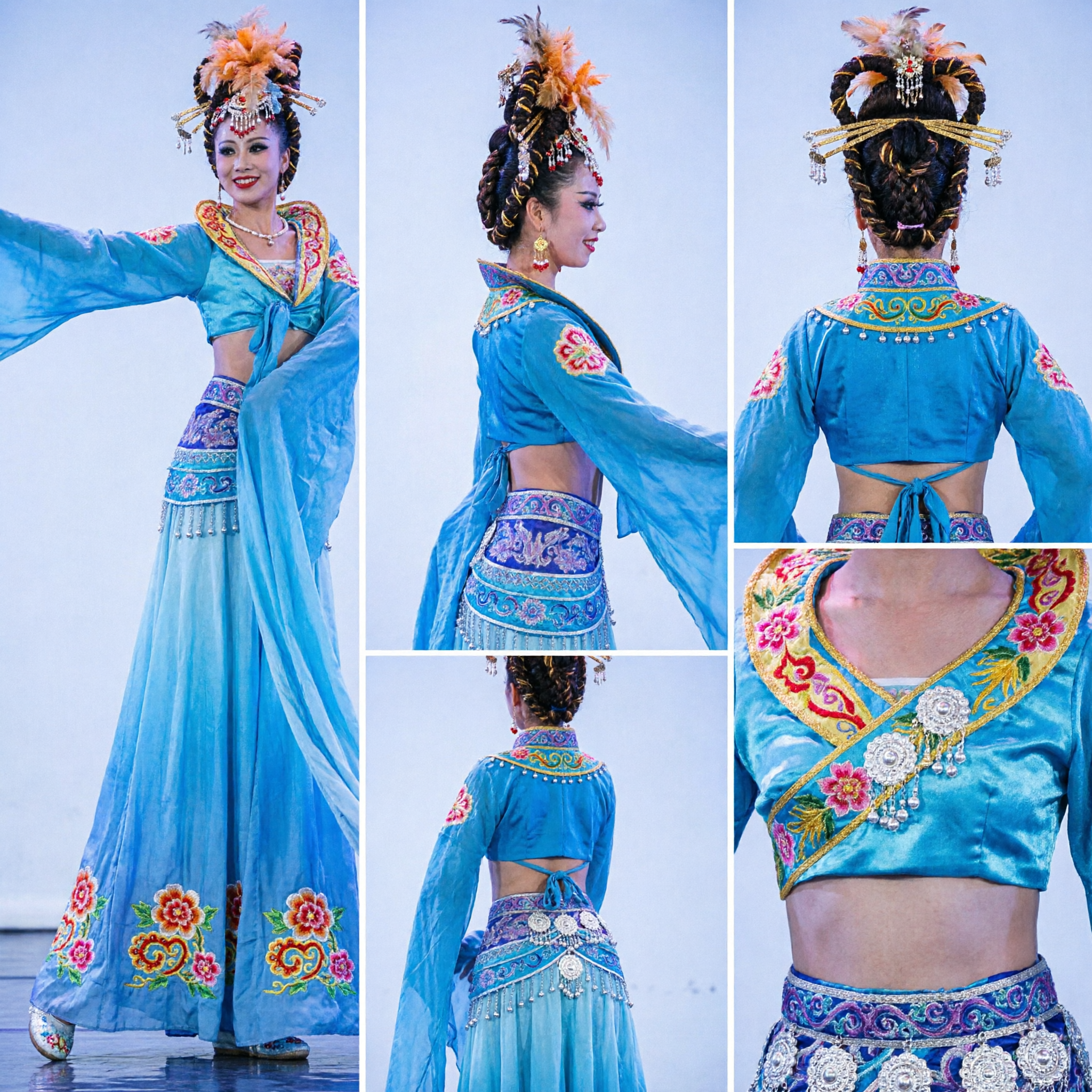 Costume de danse classique chinoise élégant bleu avec longs rubans de soie et plumes pour les performances scéniques féminines - Asian Costume
