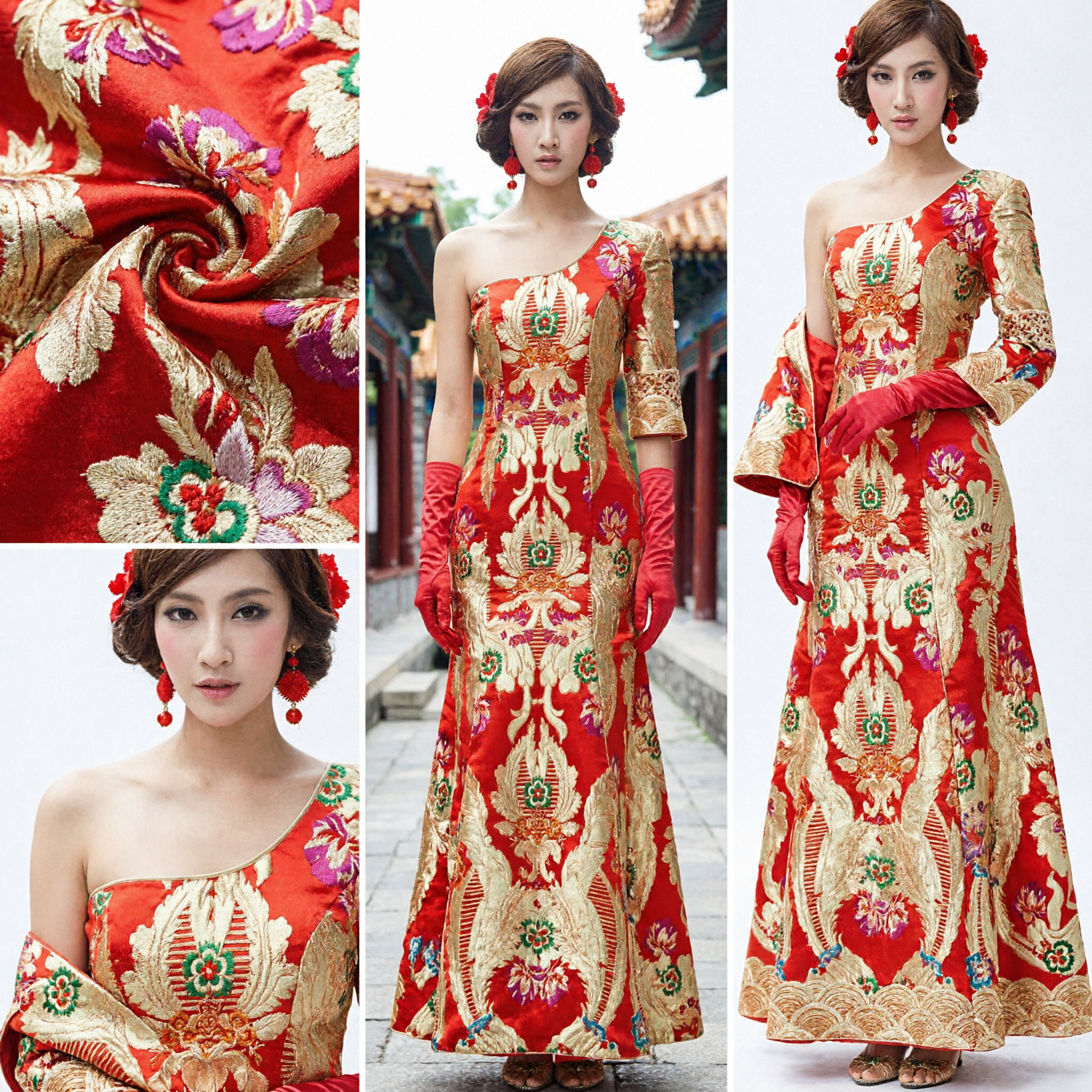 Robe de mariée Cheongsam Sirène élégante en brocart rouge et or, Qipao traditionnel chinois pour mariées - Asian Costume