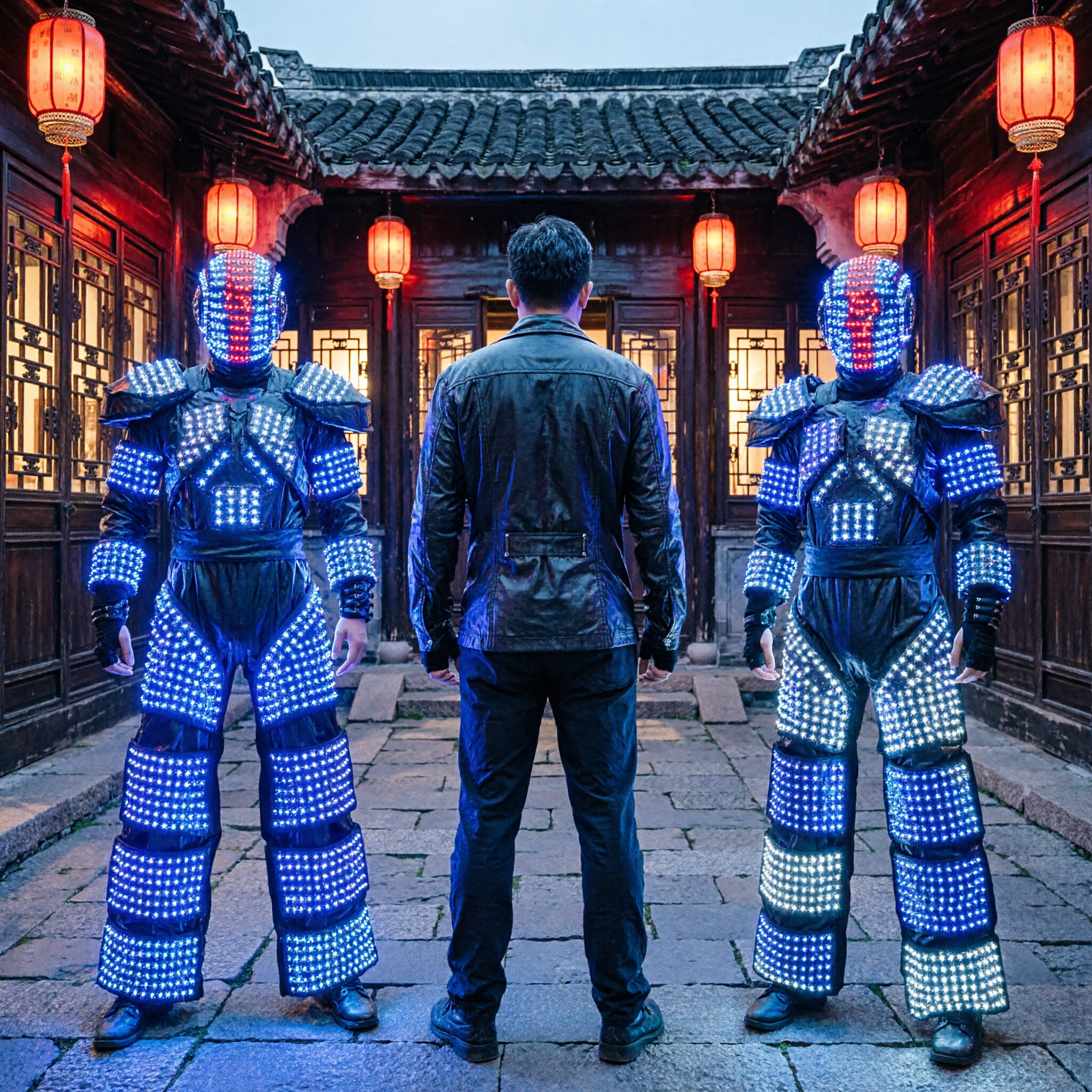 Costume Robot Futuristico a LED con Raggi Laser per Spettacoli di Danza, Scenografie e Feste Notturne - Asian Costume